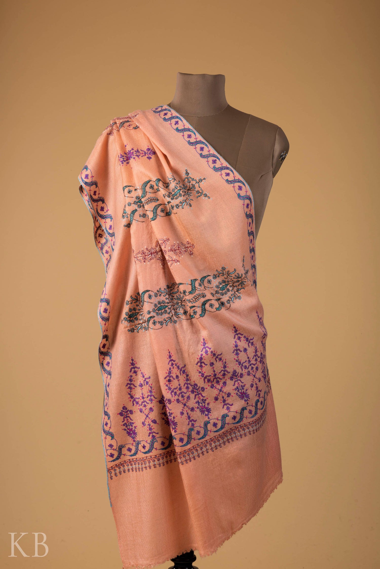 Peach Modern Design Embroidered Pashmina Stole - Kashmir Box