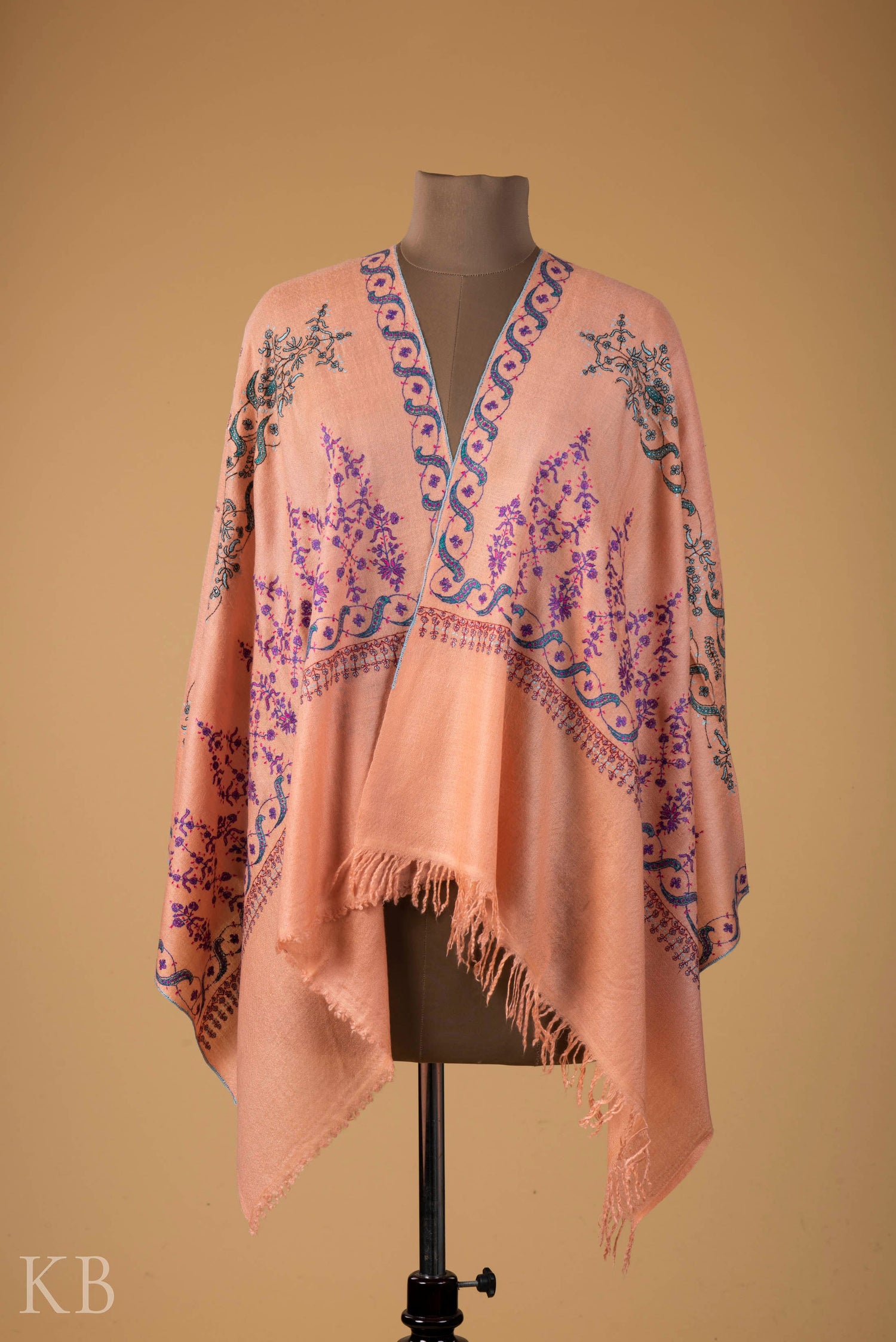 Peach Modern Design Embroidered Pashmina Stole - Kashmir Box