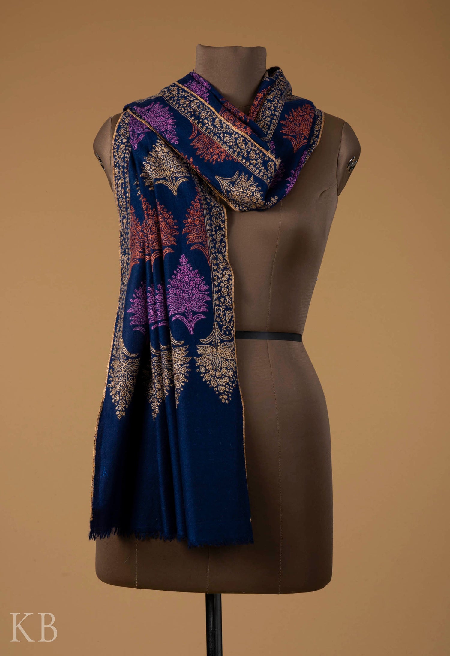 Navy Blue Sozni Embroidered Pashmina Stole - Kashmir Box