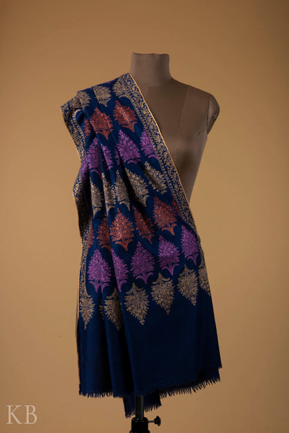 Navy Blue Sozni Embroidered Pashmina Stole - Kashmir Box