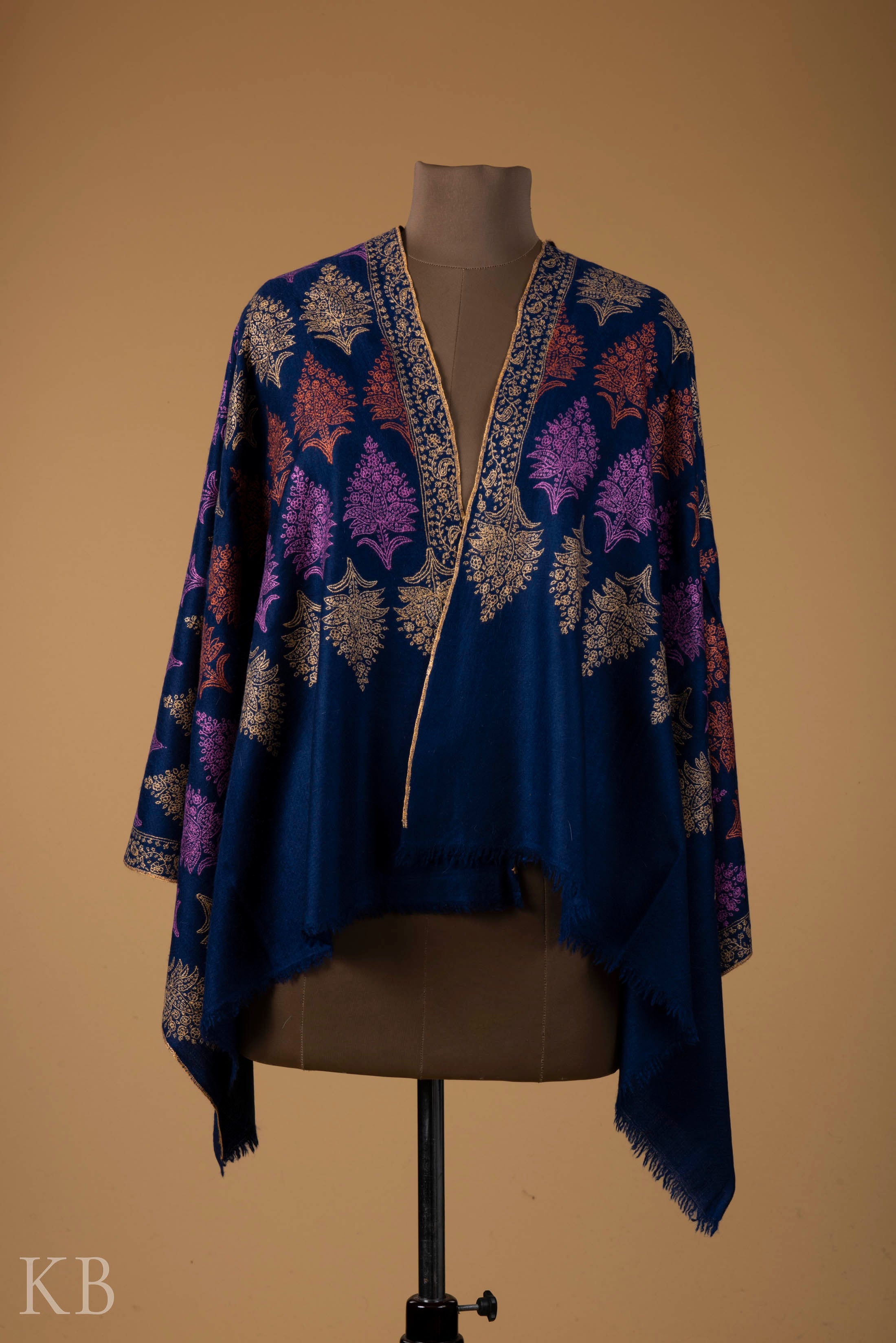 Navy Blue Sozni Embroidered Pashmina Stole - Kashmir Box