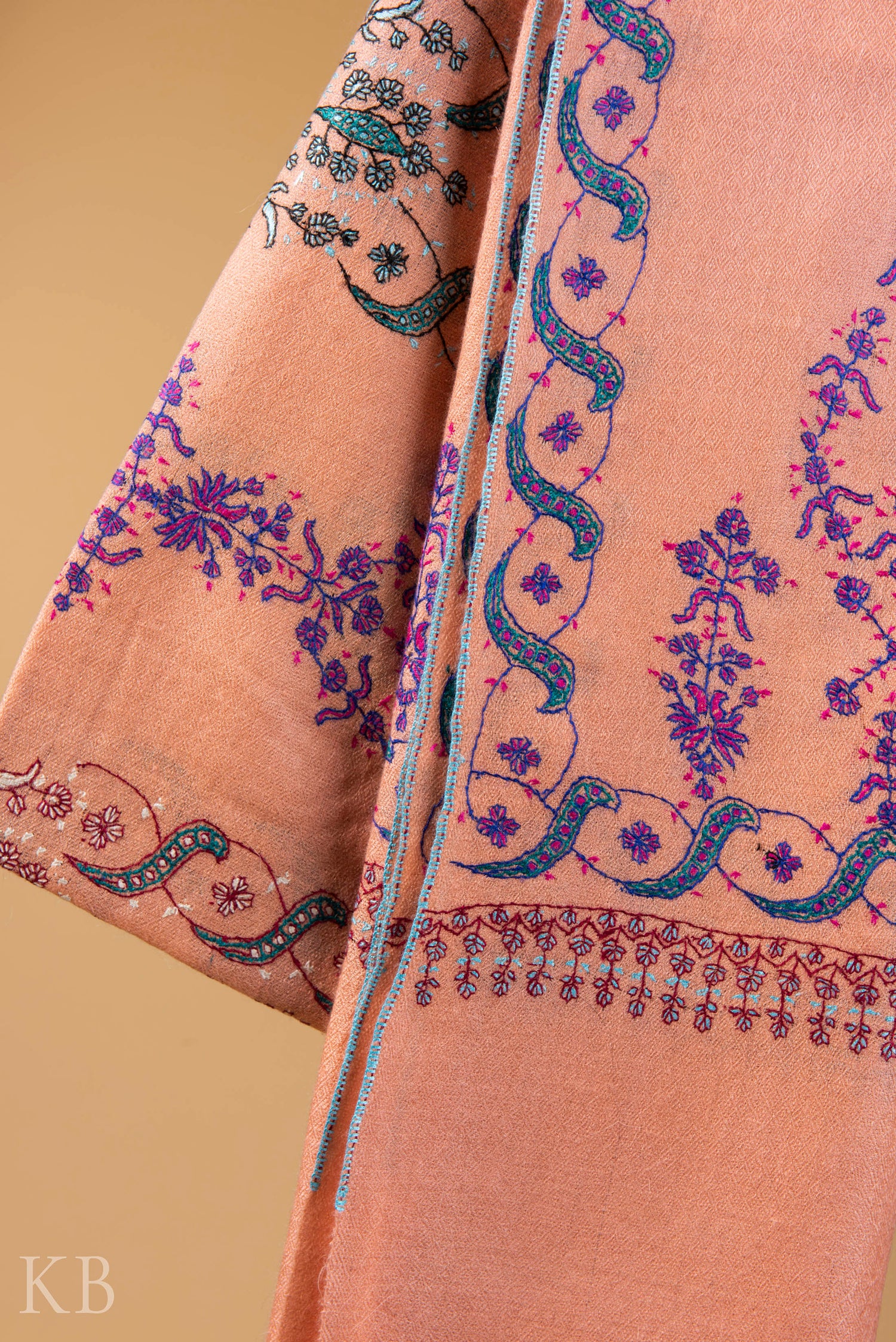 Peach Modern Design Embroidered Pashmina Stole - Kashmir Box