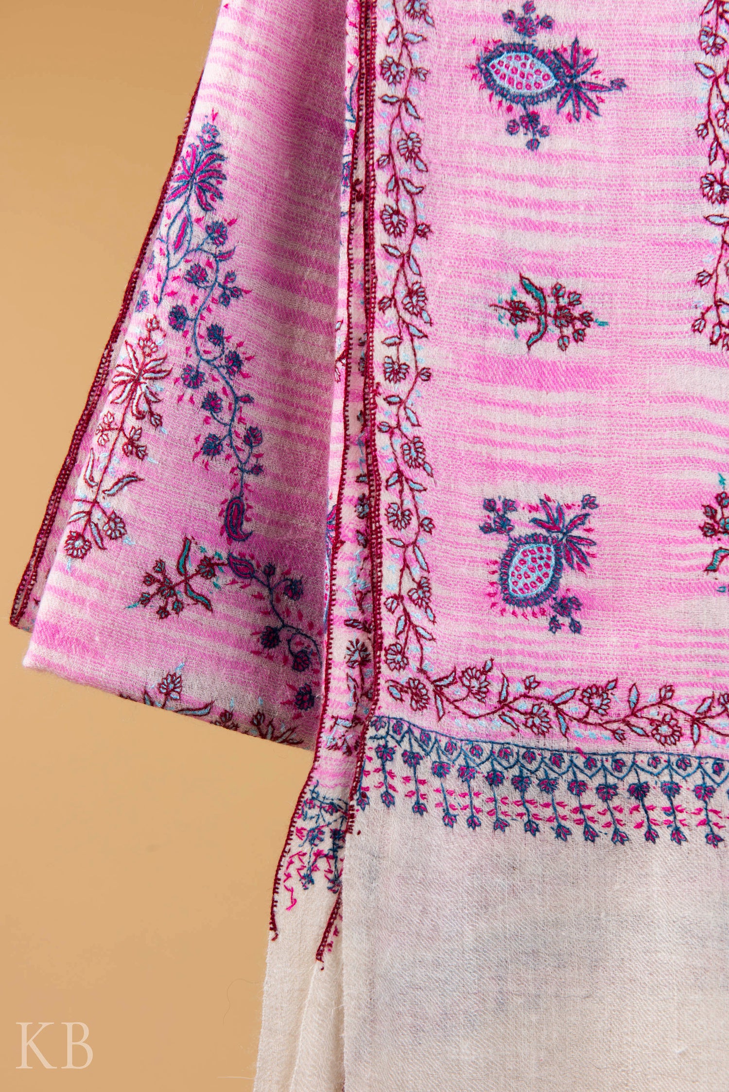 Pink And White Modern Design Embroidered Pashmina Stole - Kashmir Box