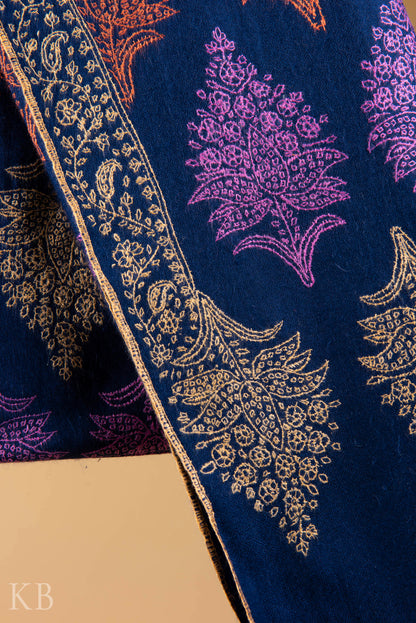 Navy Blue Sozni Embroidered Pashmina Stole - Kashmir Box