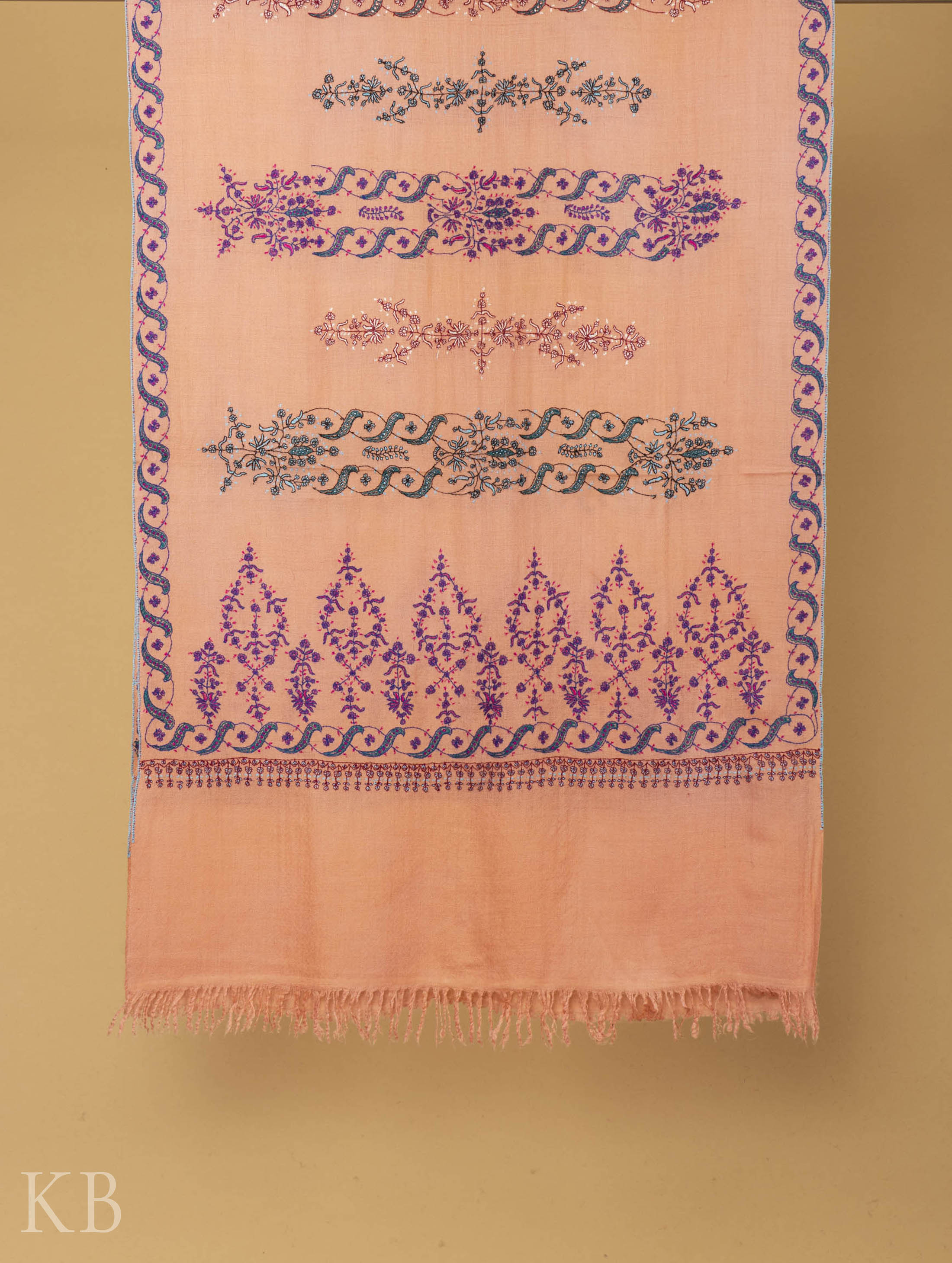 Peach Modern Design Embroidered Pashmina Stole - Kashmir Box