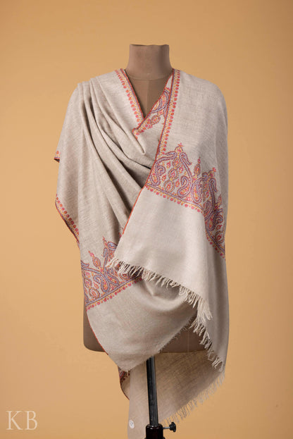 Natural Grey Sozni Embroidered GI Pashmina Shawl - Kashmir Box