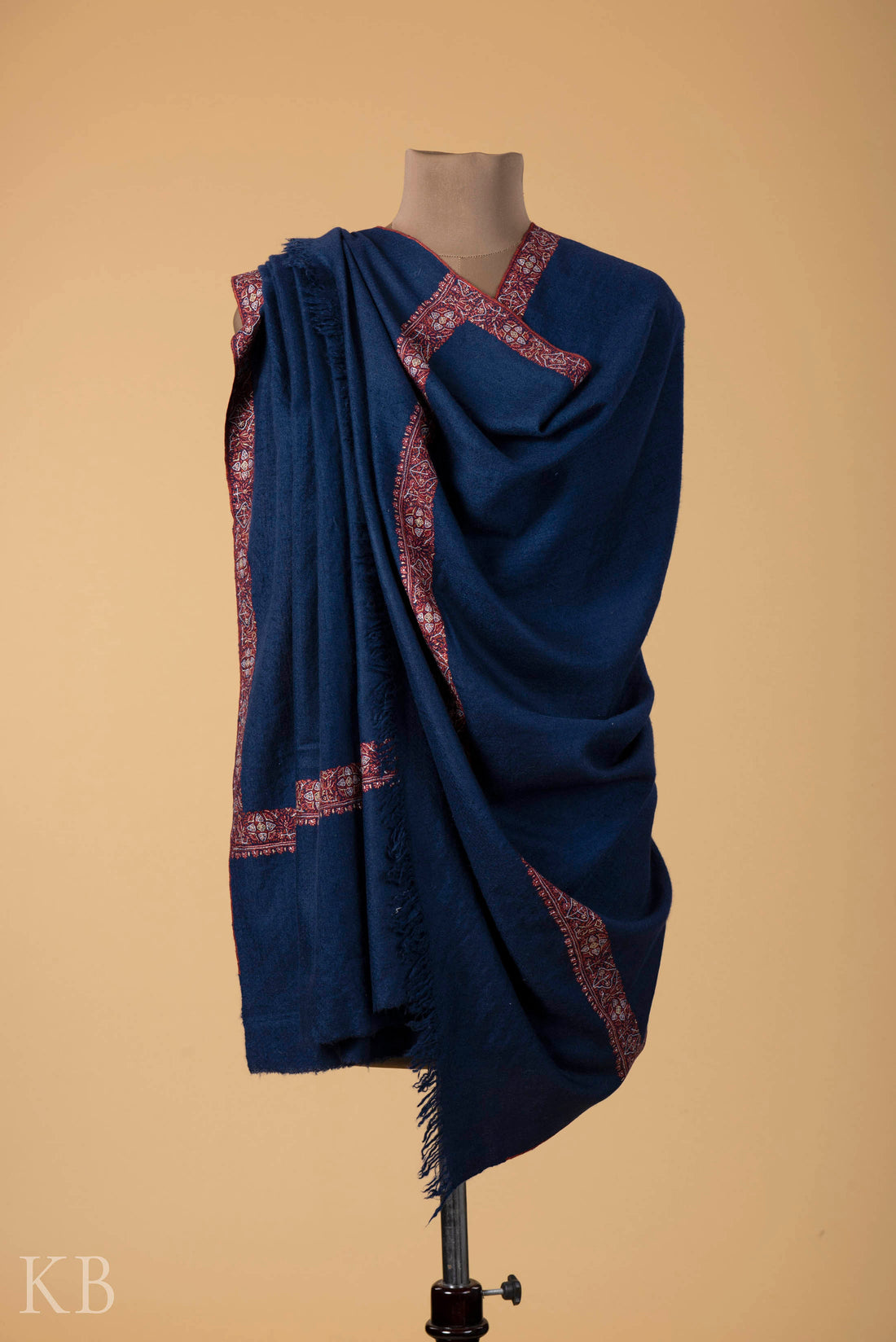 Dark Blue Sozni Embroidered GI Pashmina Shawl - Kashmir Box