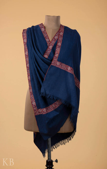 Dark Blue Sozni Embroidered GI Pashmina Shawl - Kashmir Box