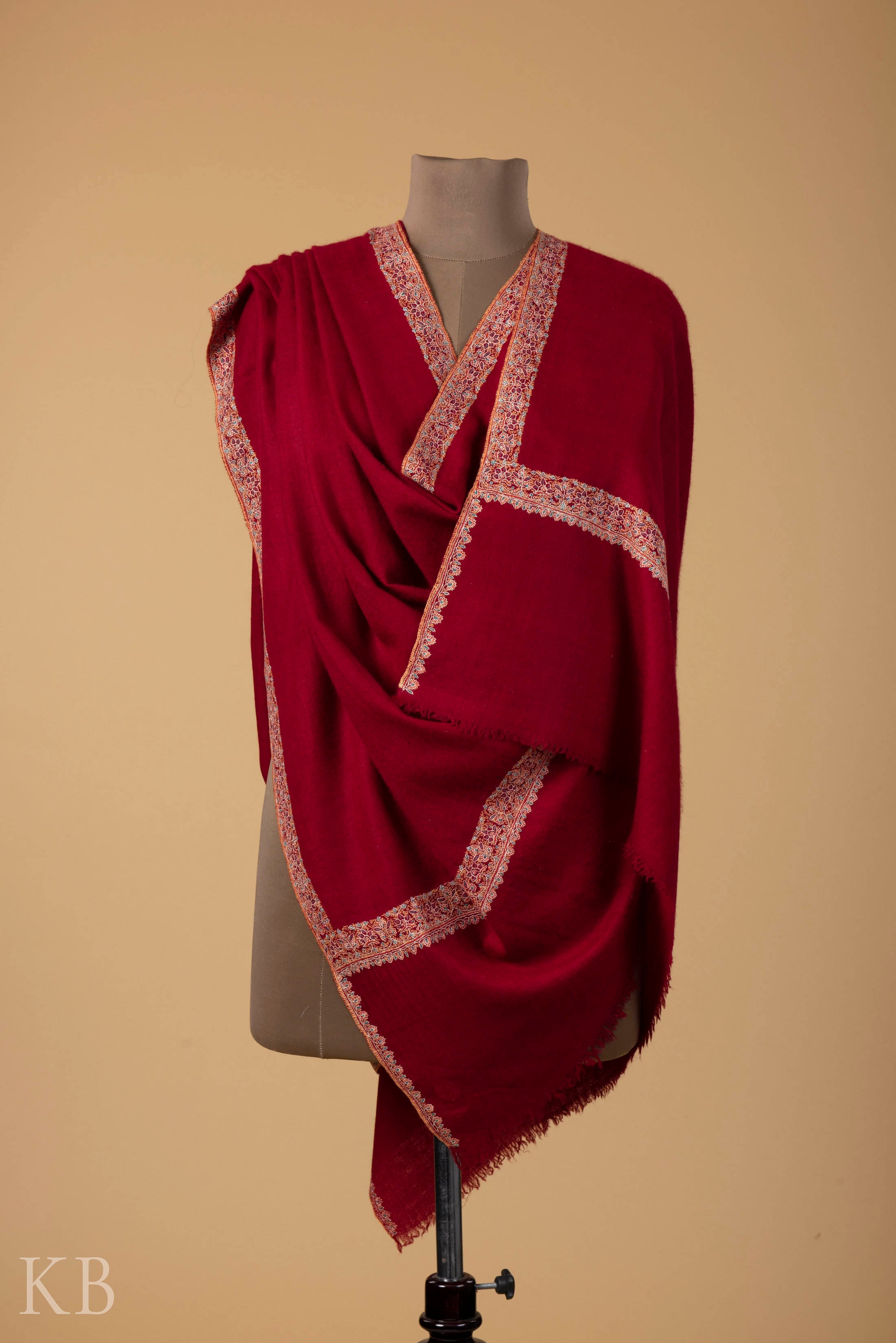 Red Sozni Embroidered GI Pashmina Shawl - Kashmir Box