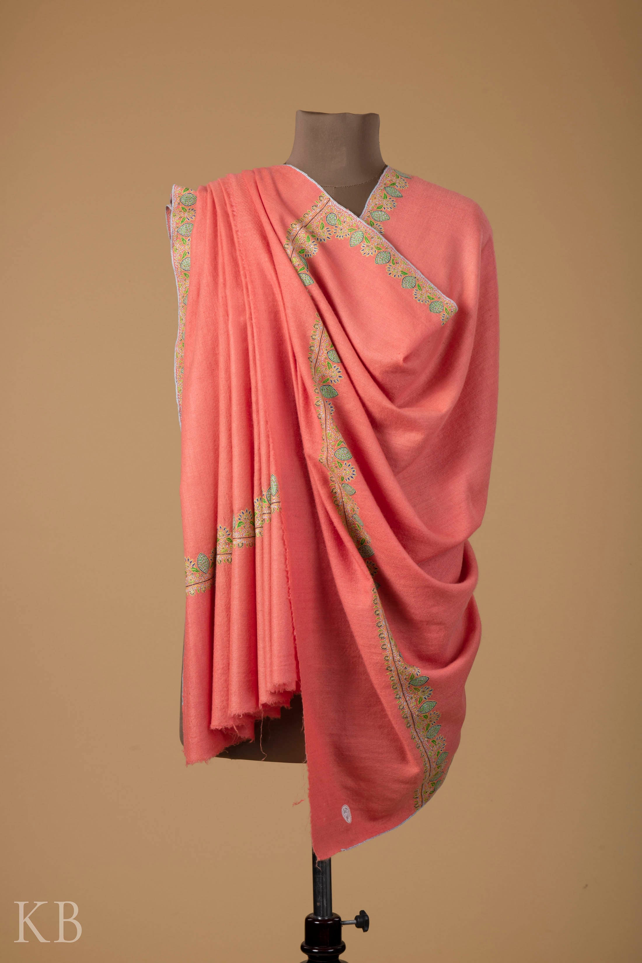 Pink Sozni Embroidered GI Pashmina Shawl - Kashmir Box