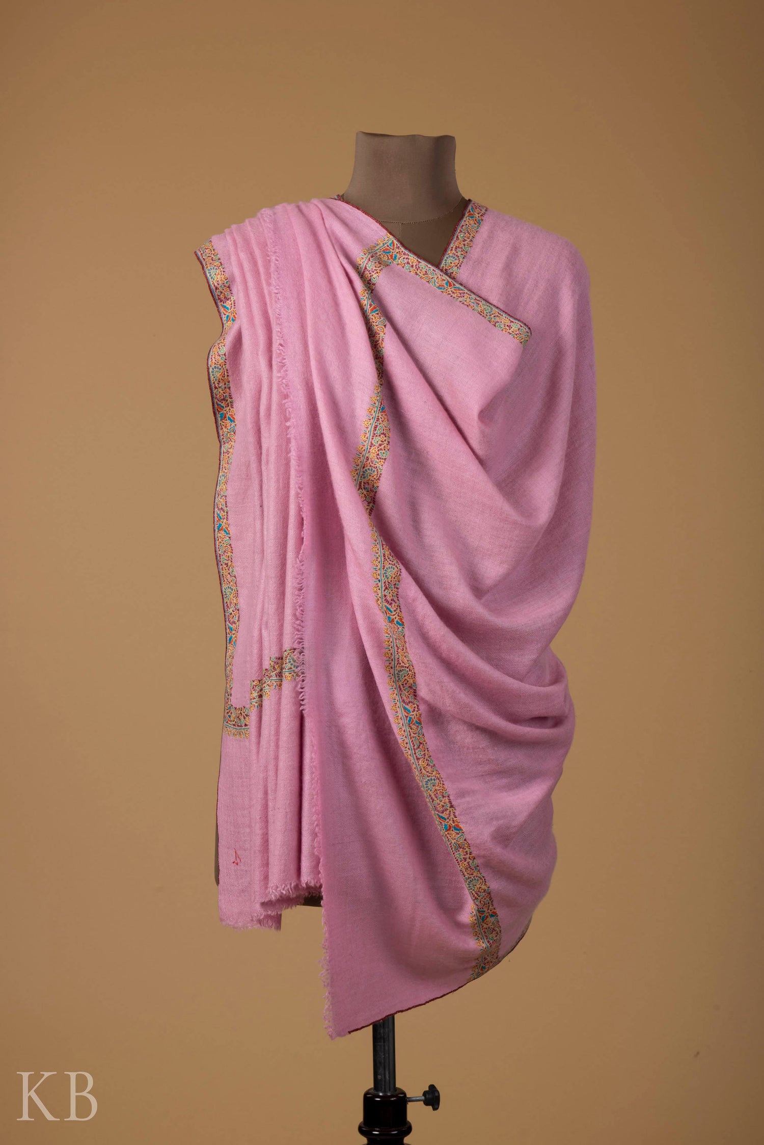 Baby Pink Sozni Embroidered GI Pashmina Shawl - Kashmir Box