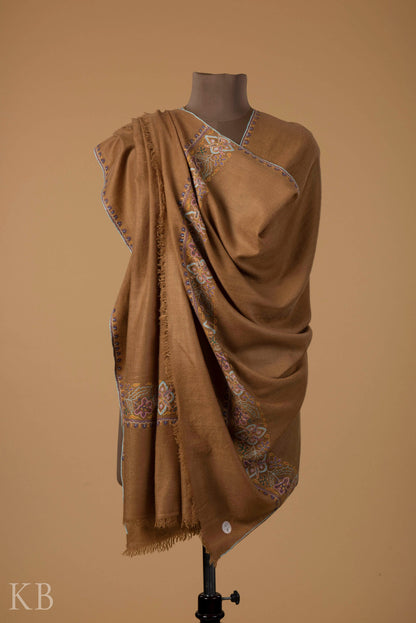 Natural Golden Sozni Embroidered GI Pashmina Shawl - Kashmir Box