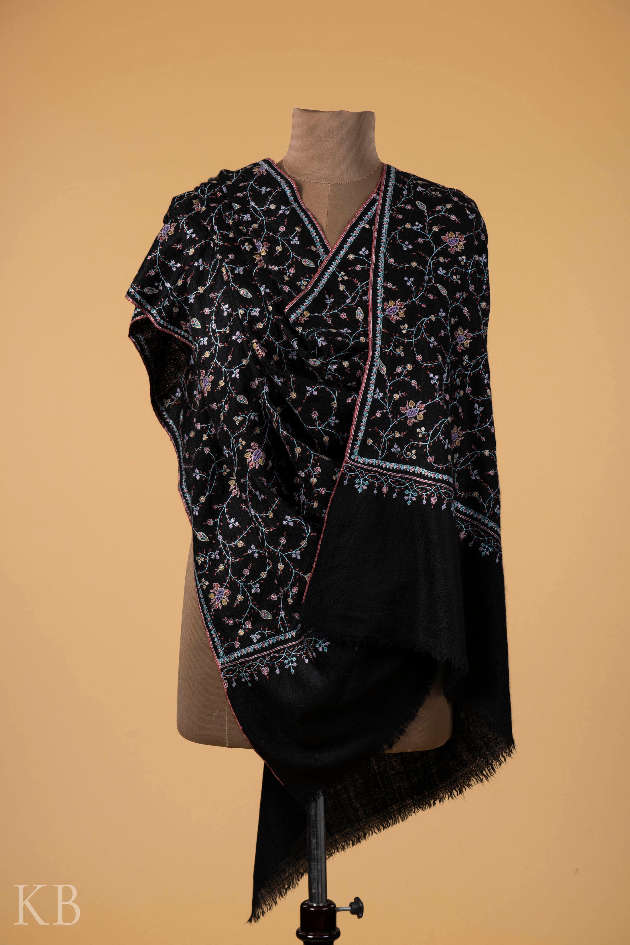 Black Jaldaar Embroidered GI Pashmina Shawl - Kashmir Box