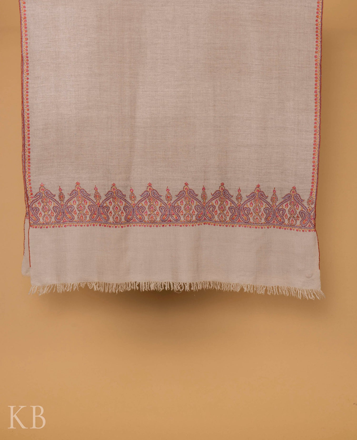 Natural Grey Sozni Embroidered GI Pashmina Shawl - Kashmir Box