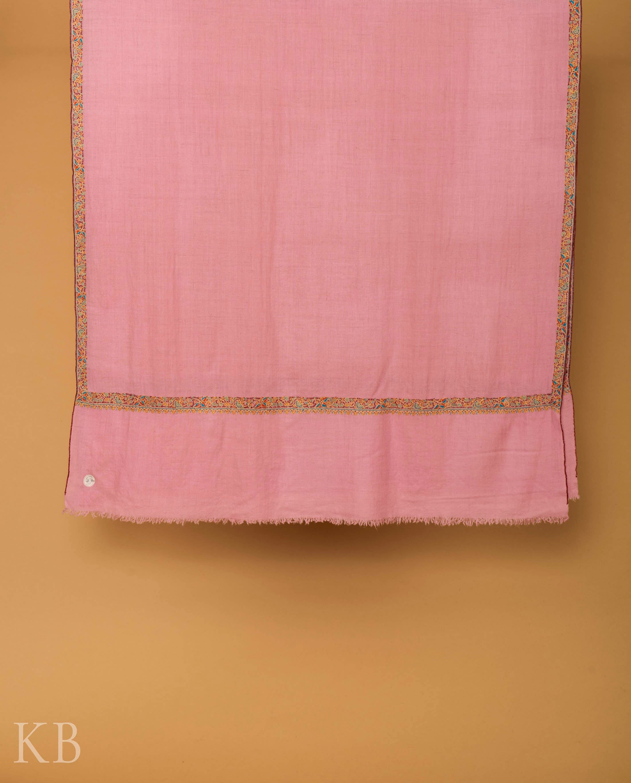 Baby Pink Sozni Embroidered GI Pashmina Shawl - Kashmir Box