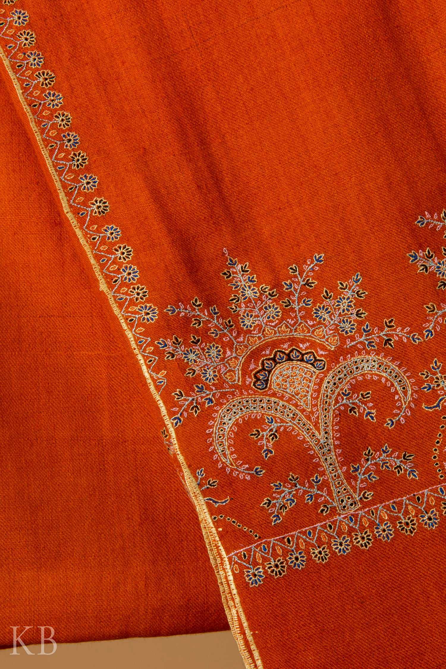 Orange Sozni Embroidered GI Pashmina Shawl - Kashmir Box