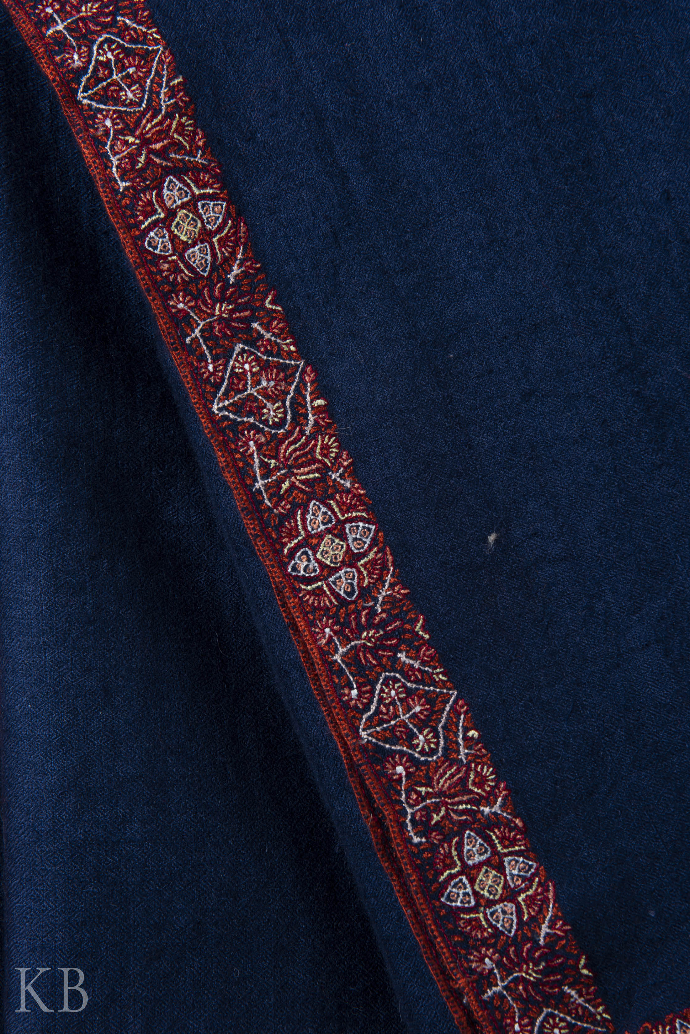 Dark Blue Sozni Embroidered GI Pashmina Shawl - Kashmir Box