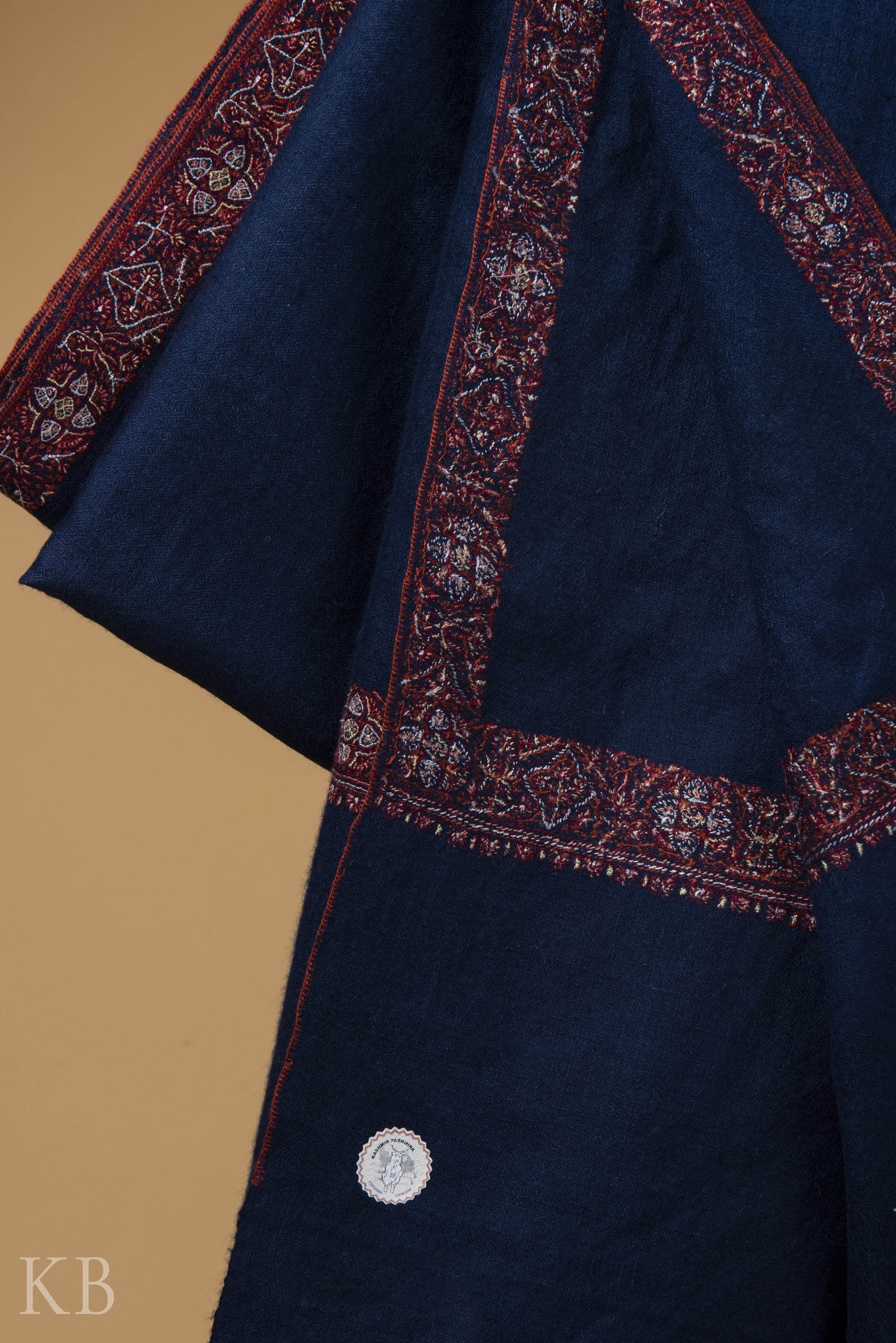 Dark Blue Sozni Embroidered GI Pashmina Shawl - Kashmir Box