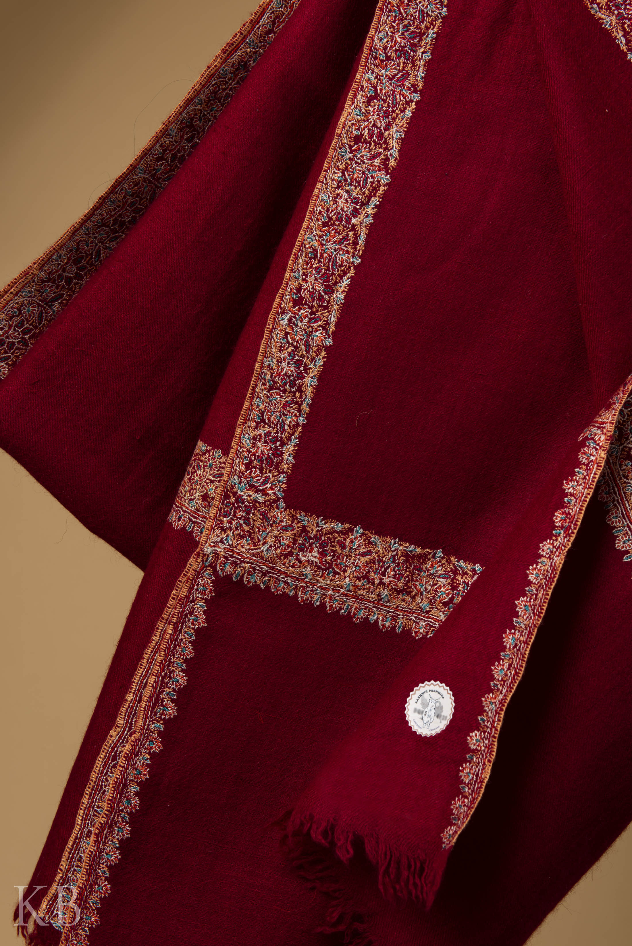 Red Sozni Embroidered GI Pashmina Shawl - Kashmir Box