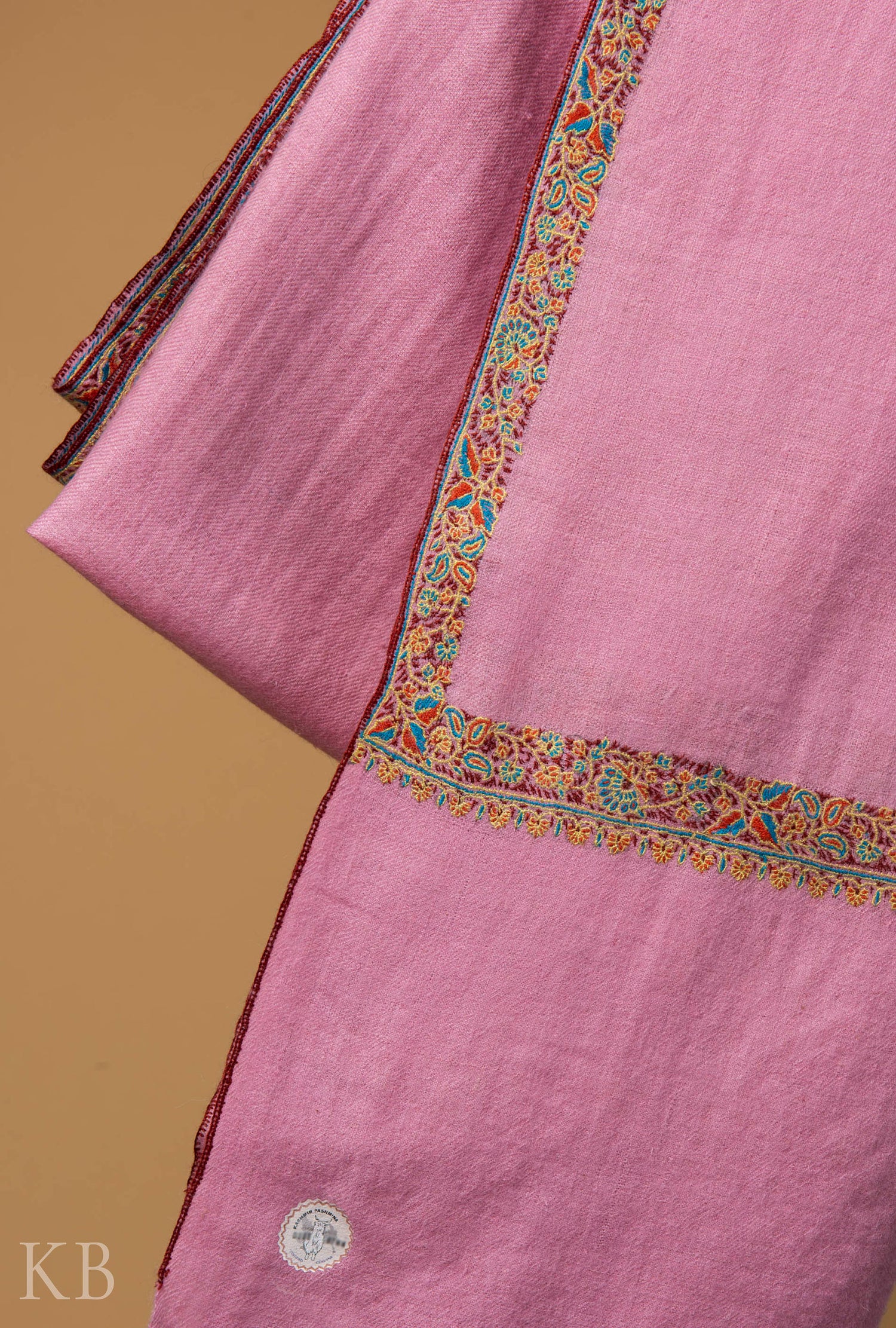 Baby Pink Sozni Embroidered GI Pashmina Shawl - Kashmir Box