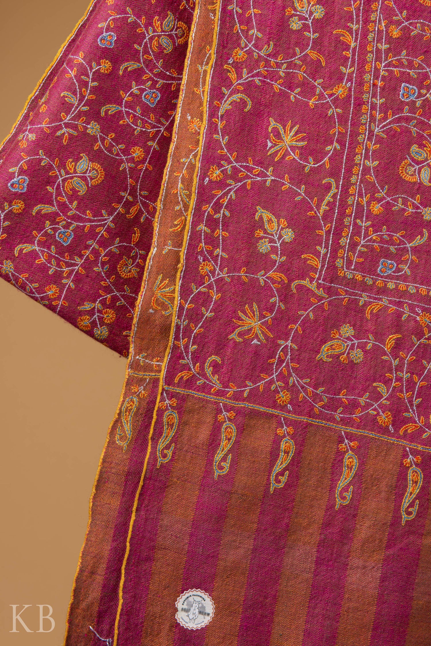 Deep Pink Jaldaar Embroidered GI Pashmina Shawl - Kashmir Box