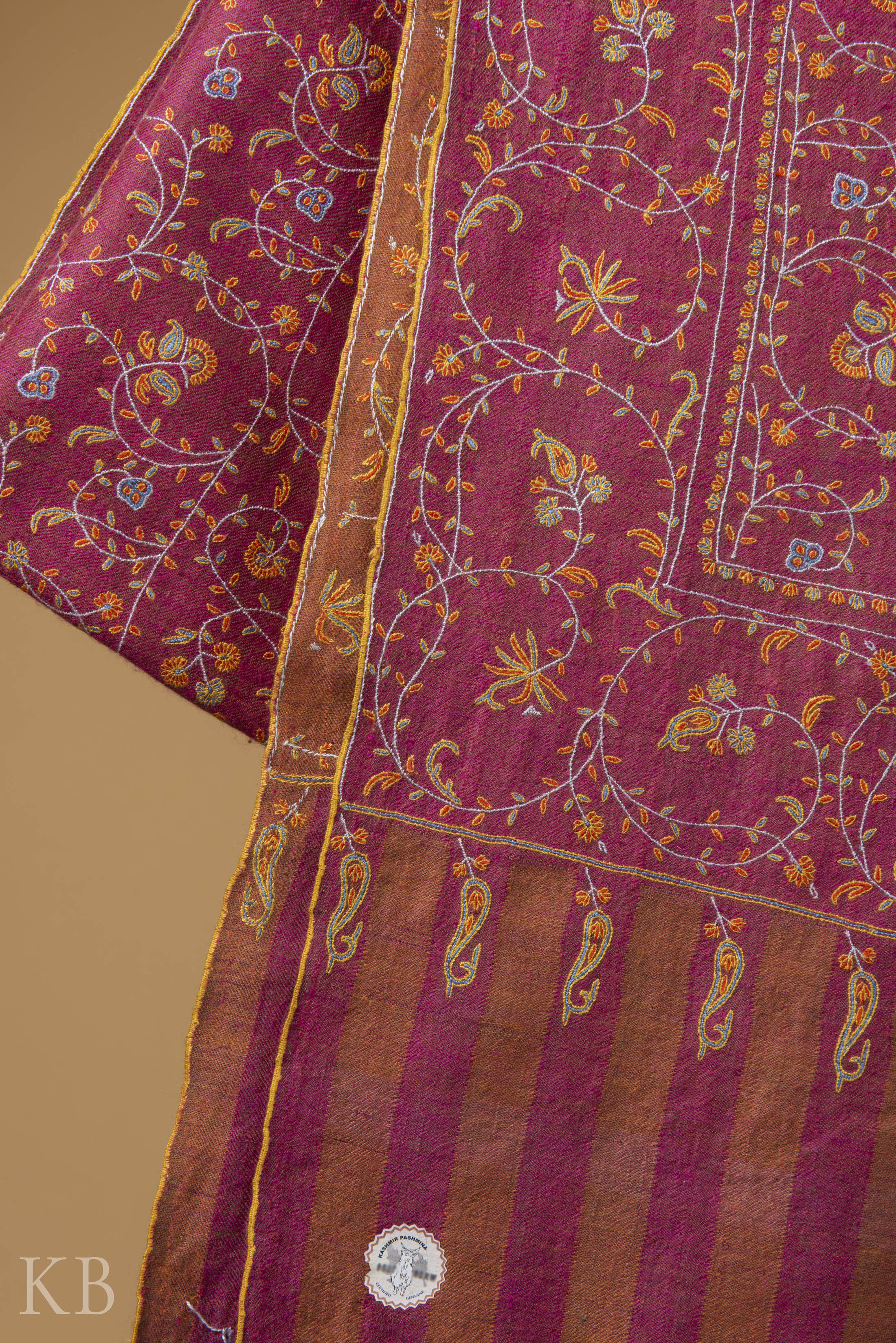 Deep Pink Jaldaar Embroidered GI Pashmina Shawl - Kashmir Box