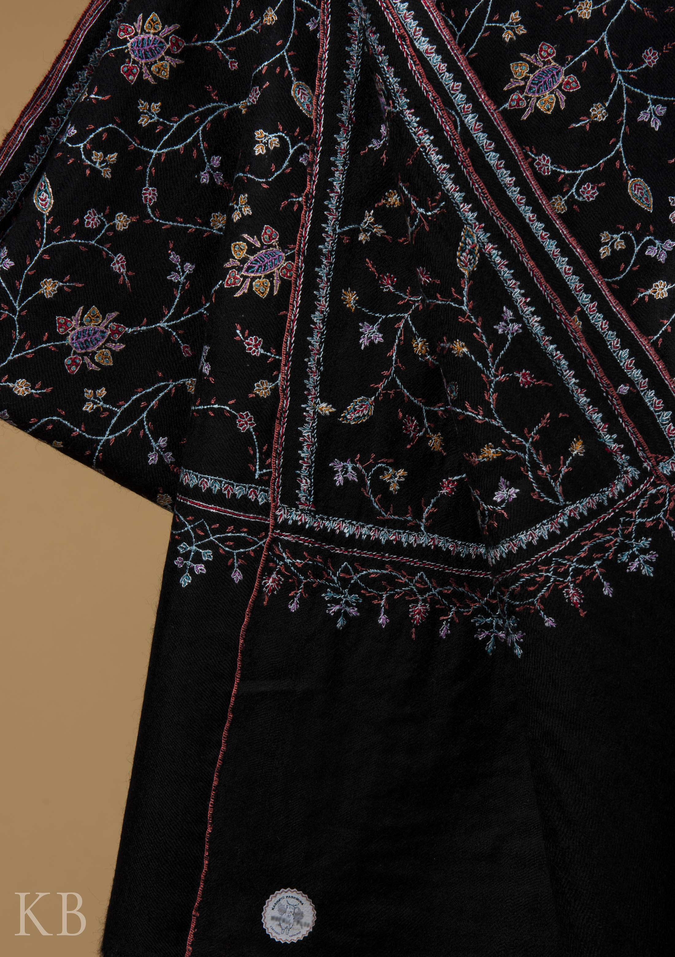 Black Jaldaar Embroidered GI Pashmina Shawl - Kashmir Box