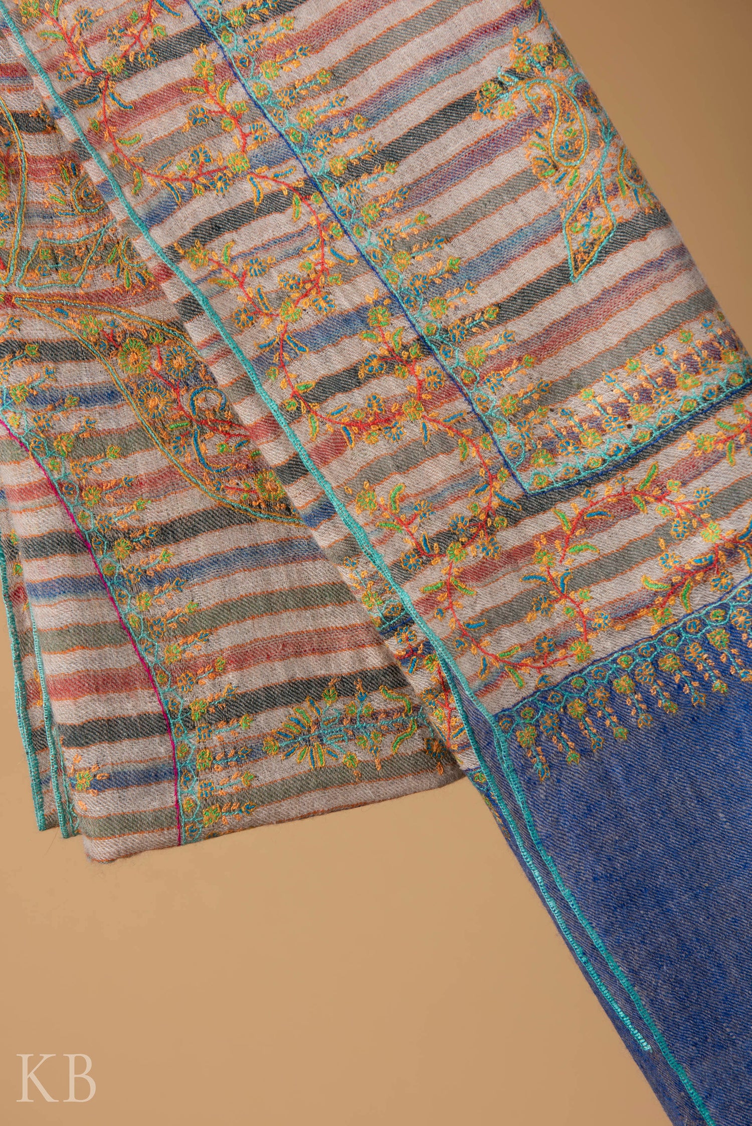 Multicolored Strip Sozni Kaari Pashmina Stole - Kashmir Box