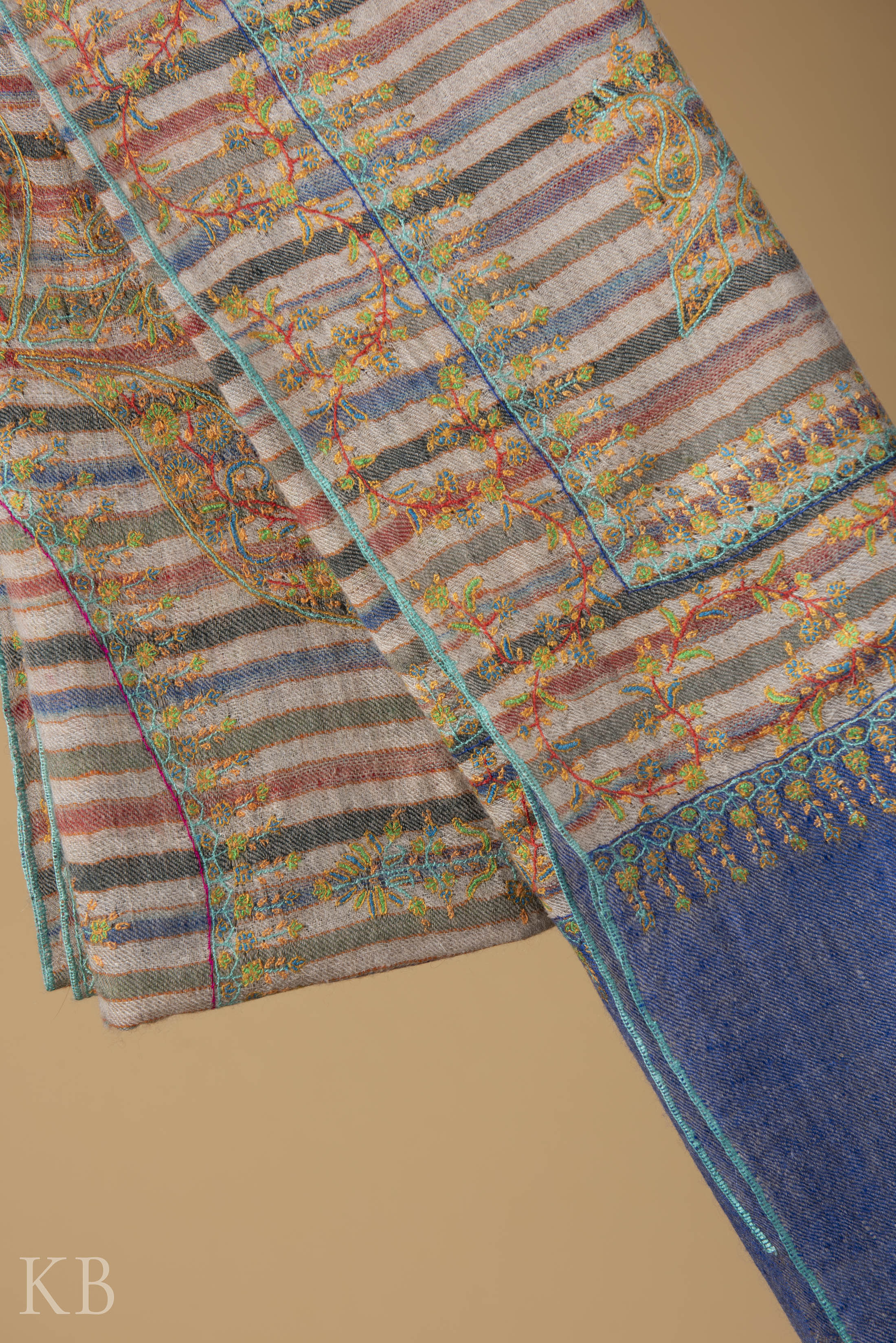 Multicolored Strip Sozni Kaari Pashmina Stole - Kashmir Box