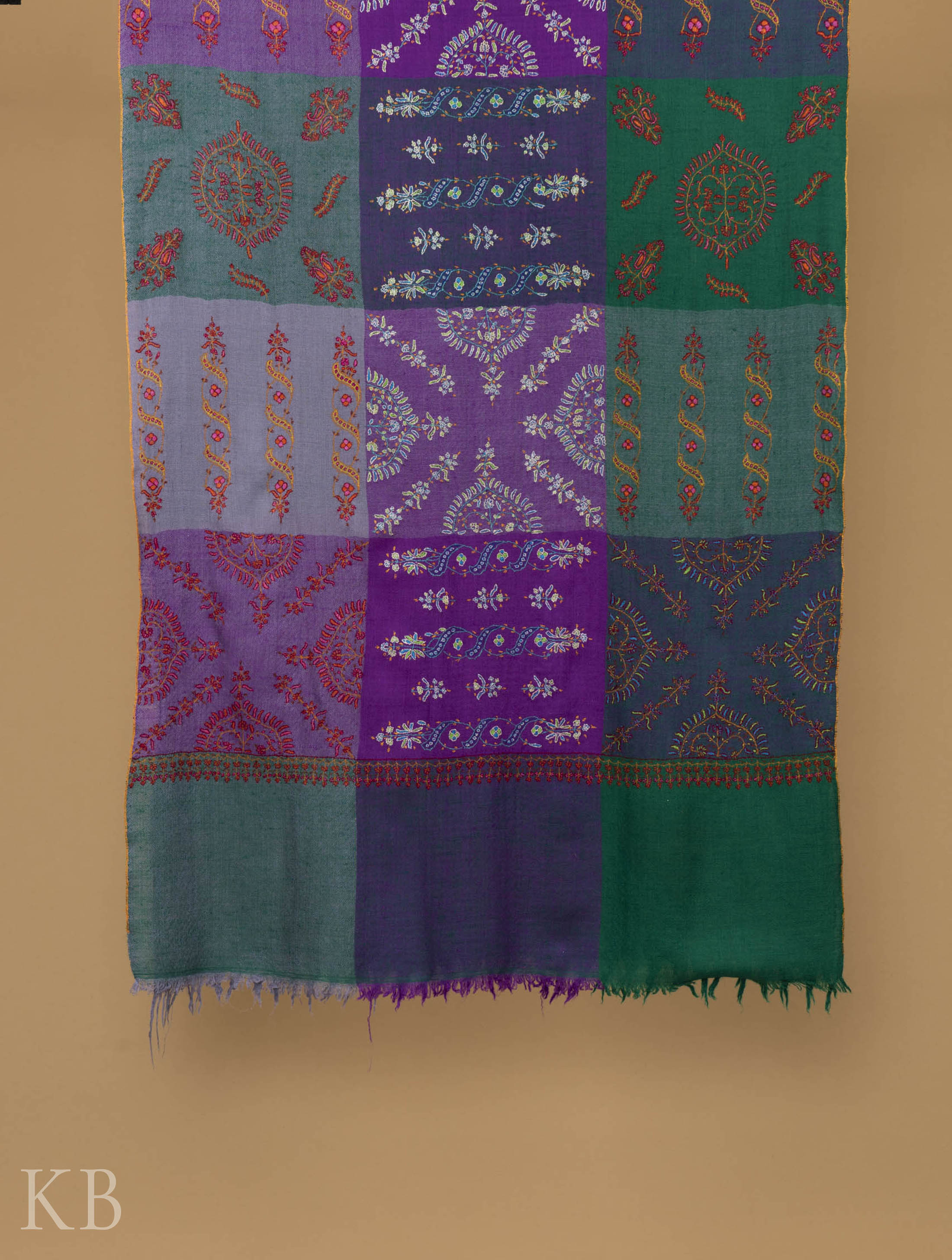 Multicolored Check Embroidered Pashmina Stole - Kashmir Box