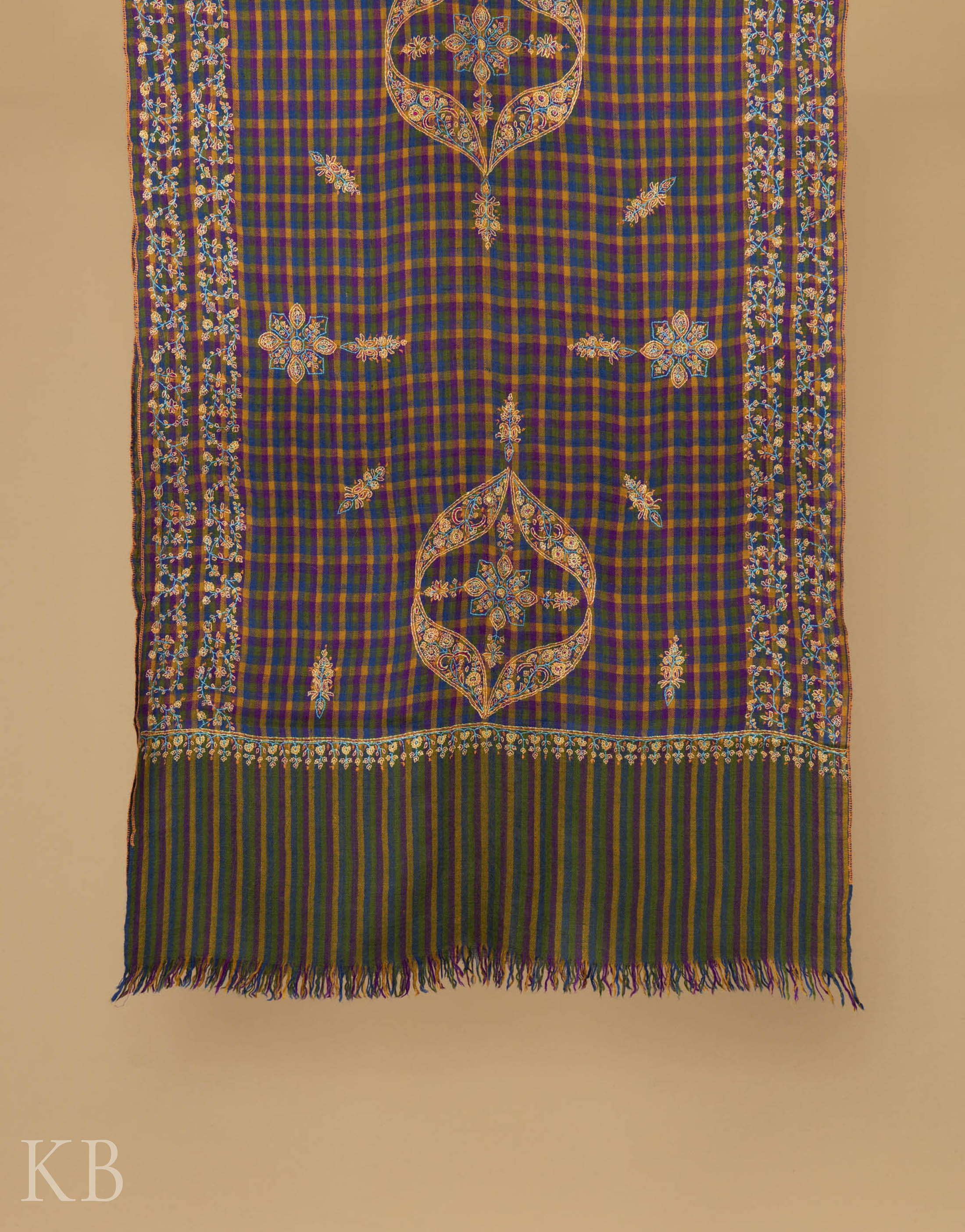 Mini Check Embroidered Multicolored Pashmina Stole - Kashmir Box