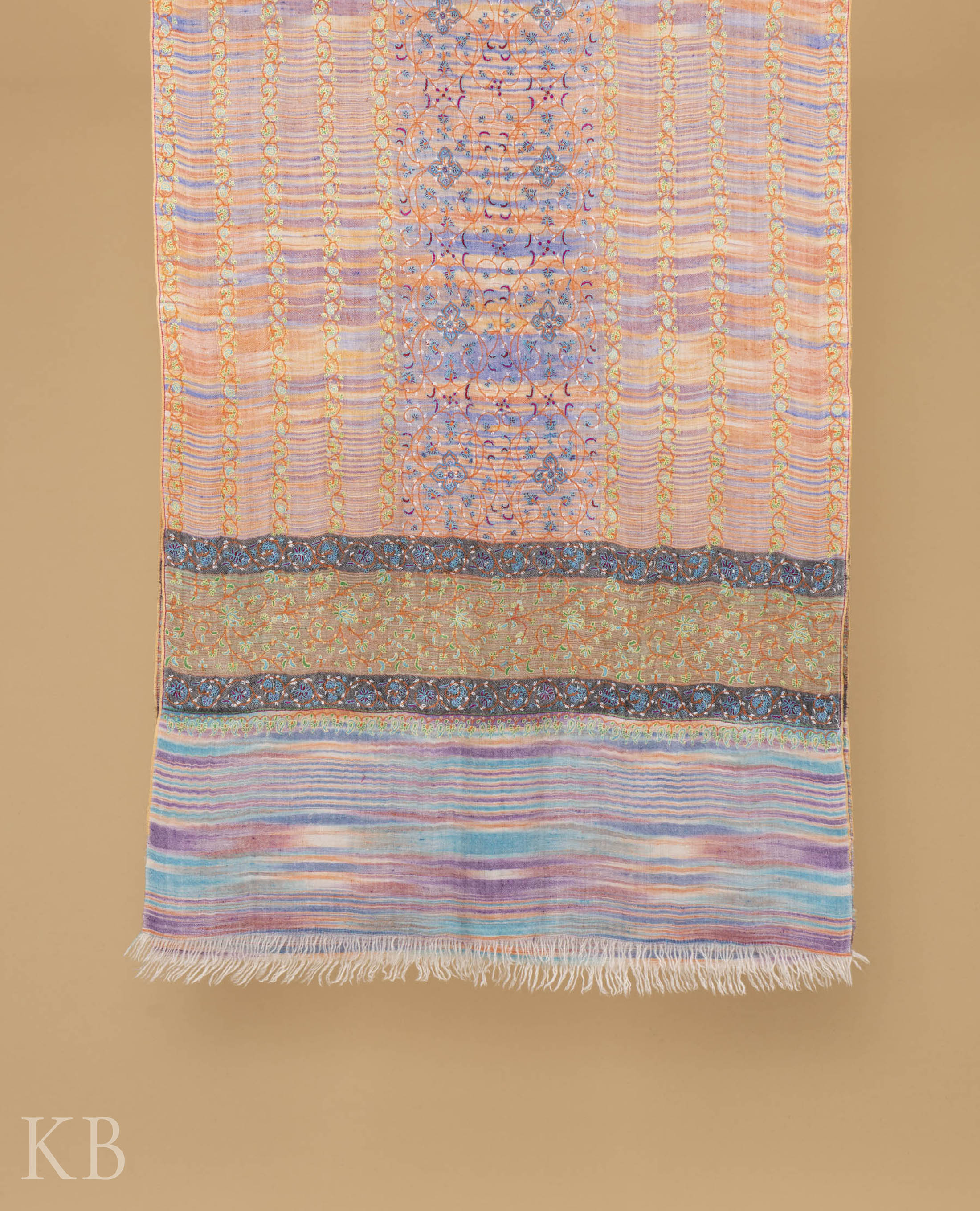 Multicolored Stripped Embroidered Pashmina Stole - Kashmir Box