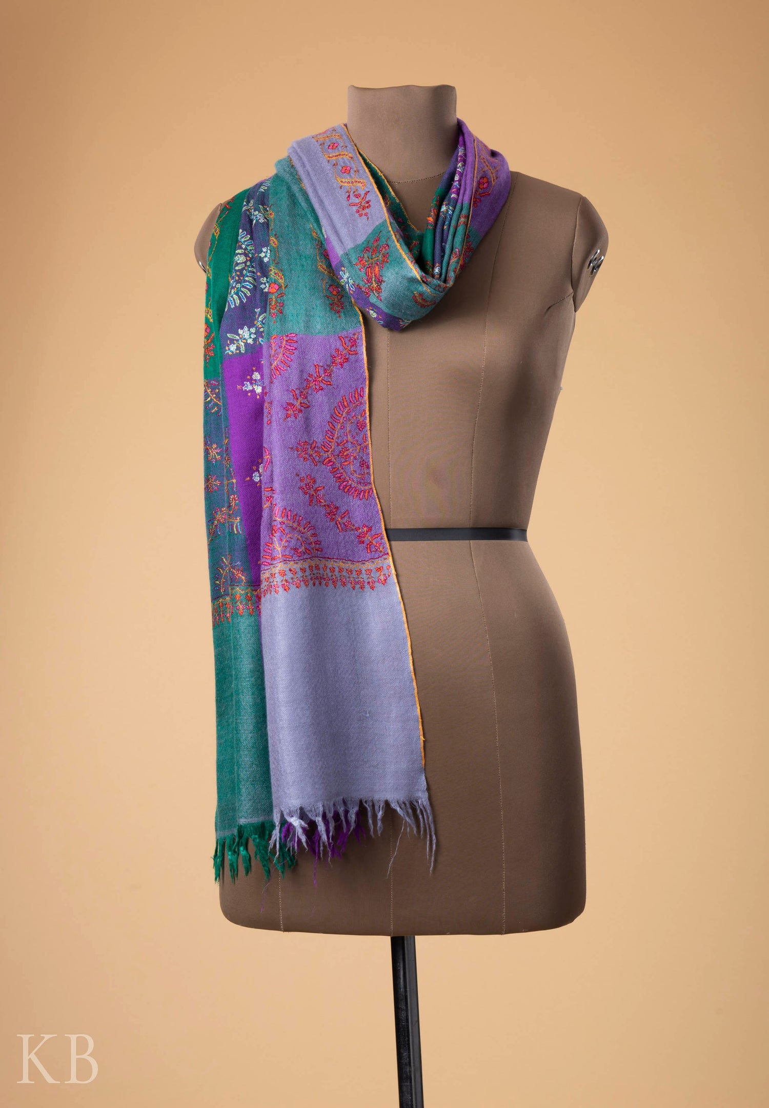 Multicolored Check Embroidered Pashmina Stole - Kashmir Box