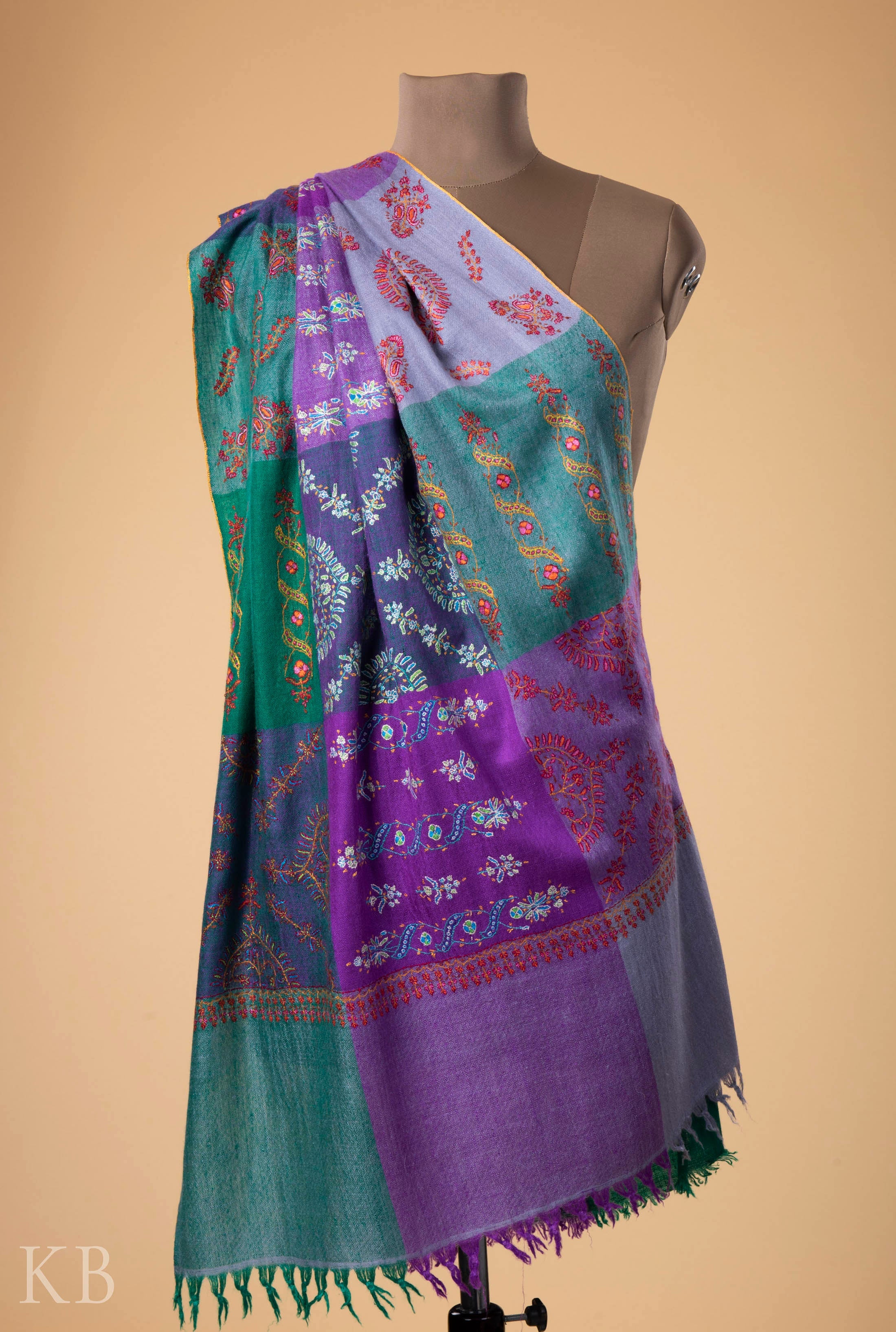 Multicolored Check Embroidered Pashmina Stole - Kashmir Box