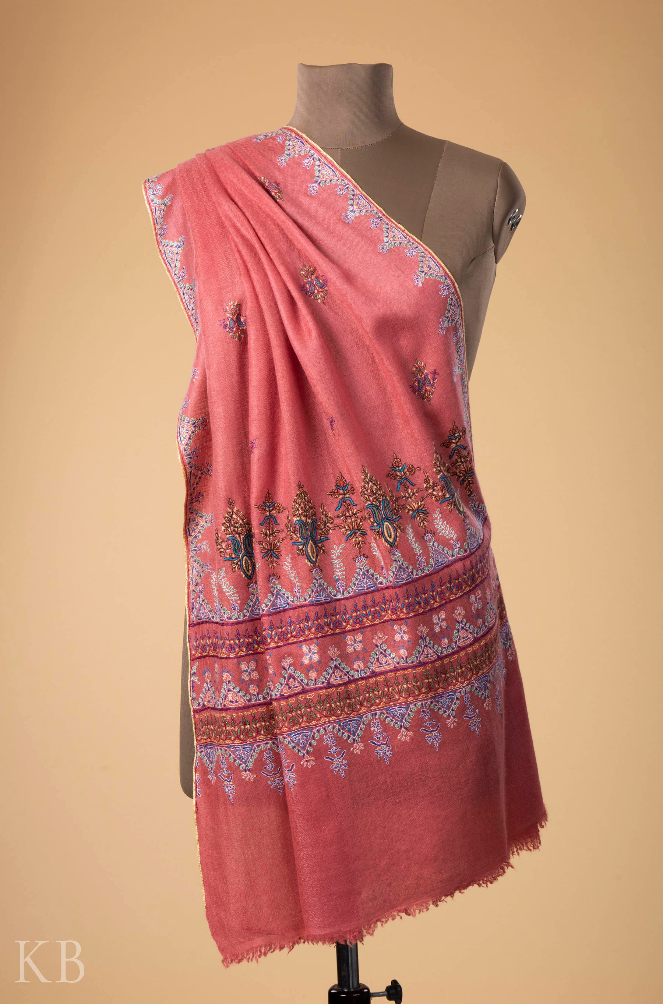 Peach Paldaar Embroidered Pashmina Stole - Kashmir Box