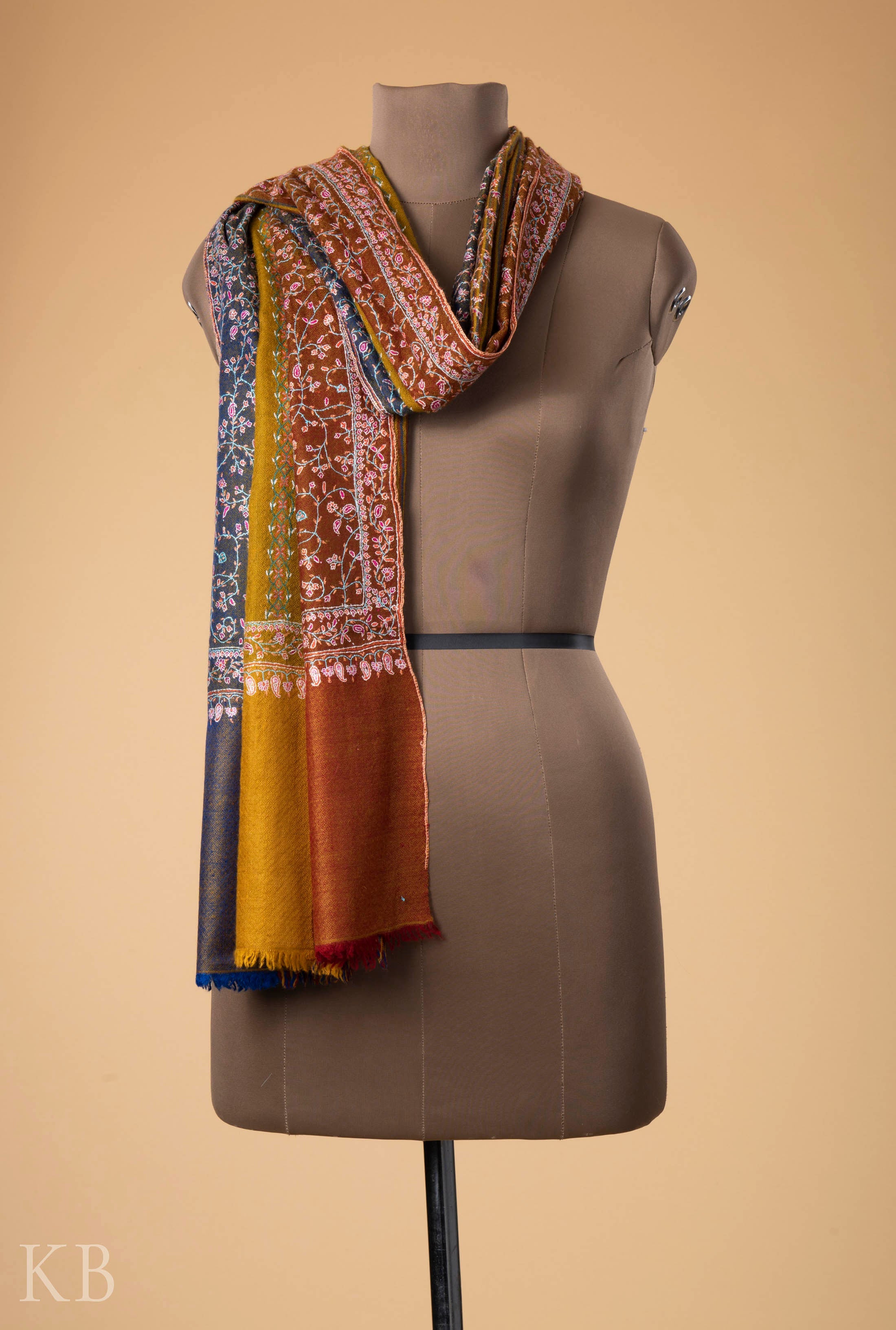 Multicolored Strip Embroidered Pashmina Stole - Kashmir Box