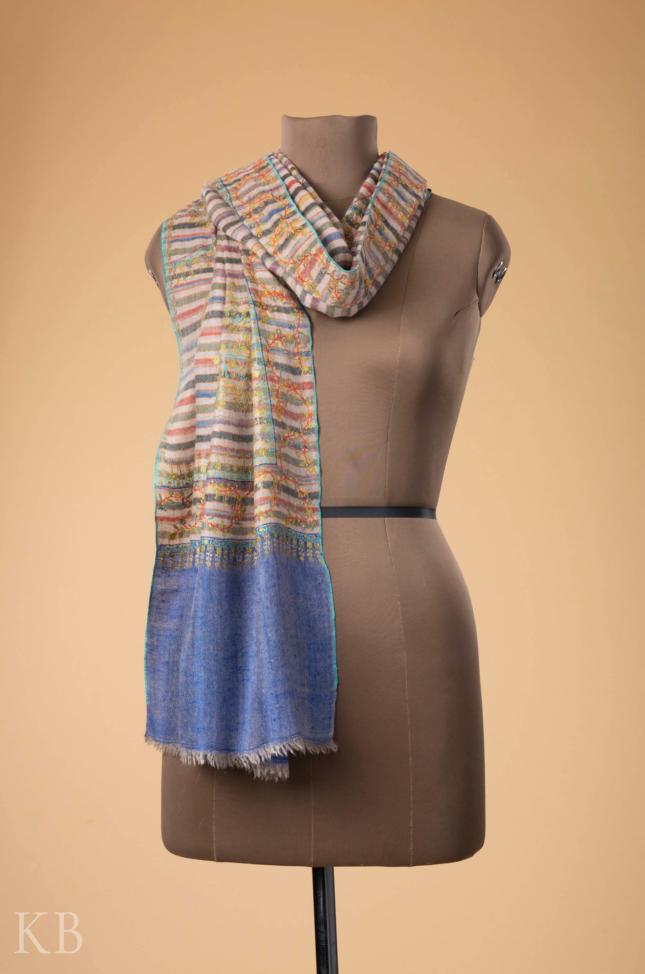 Multicolored Strip Sozni Kaari Pashmina Stole - Kashmir Box