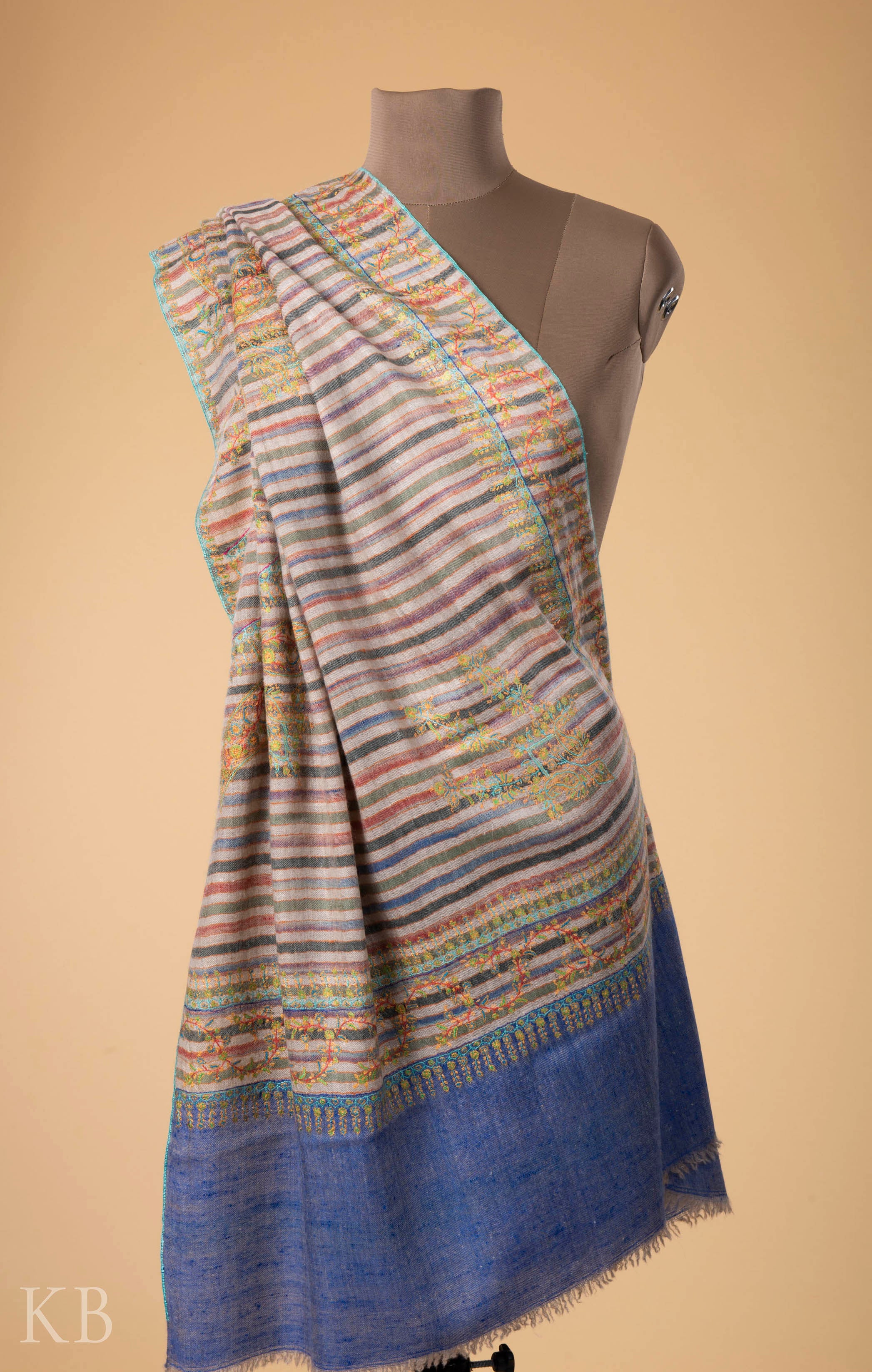 Multicolored Strip Sozni Kaari Pashmina Stole - Kashmir Box