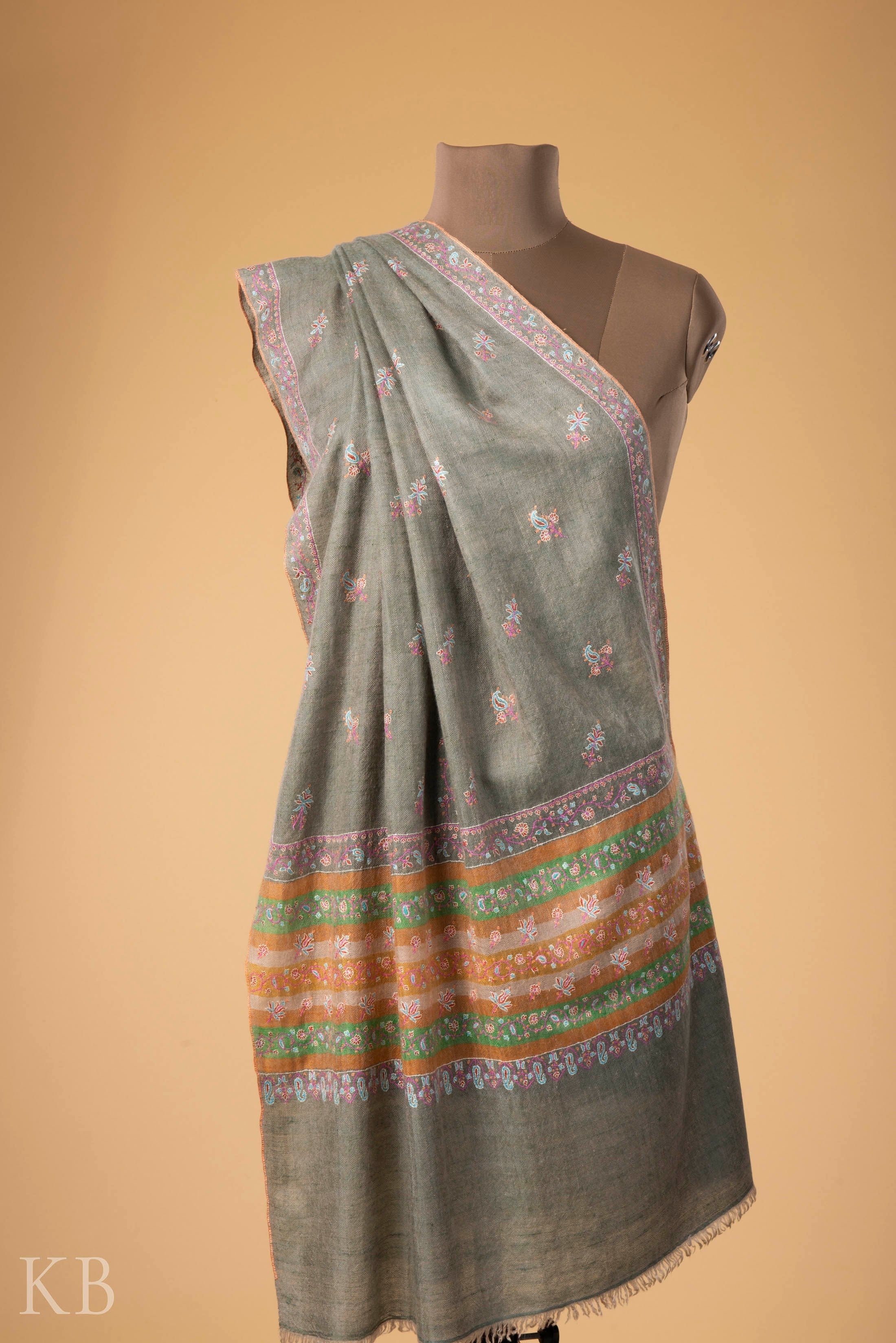 Kelly Green One Sided Palla Kaari Pashmina Stole - Kashmir Box