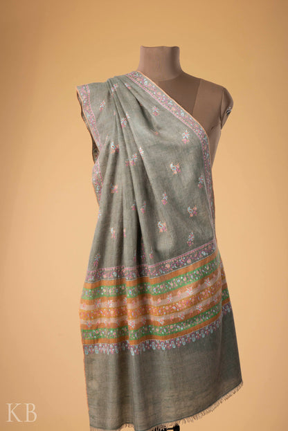 Kelly Green One Sided Palla Kaari Pashmina Stole - Kashmir Box