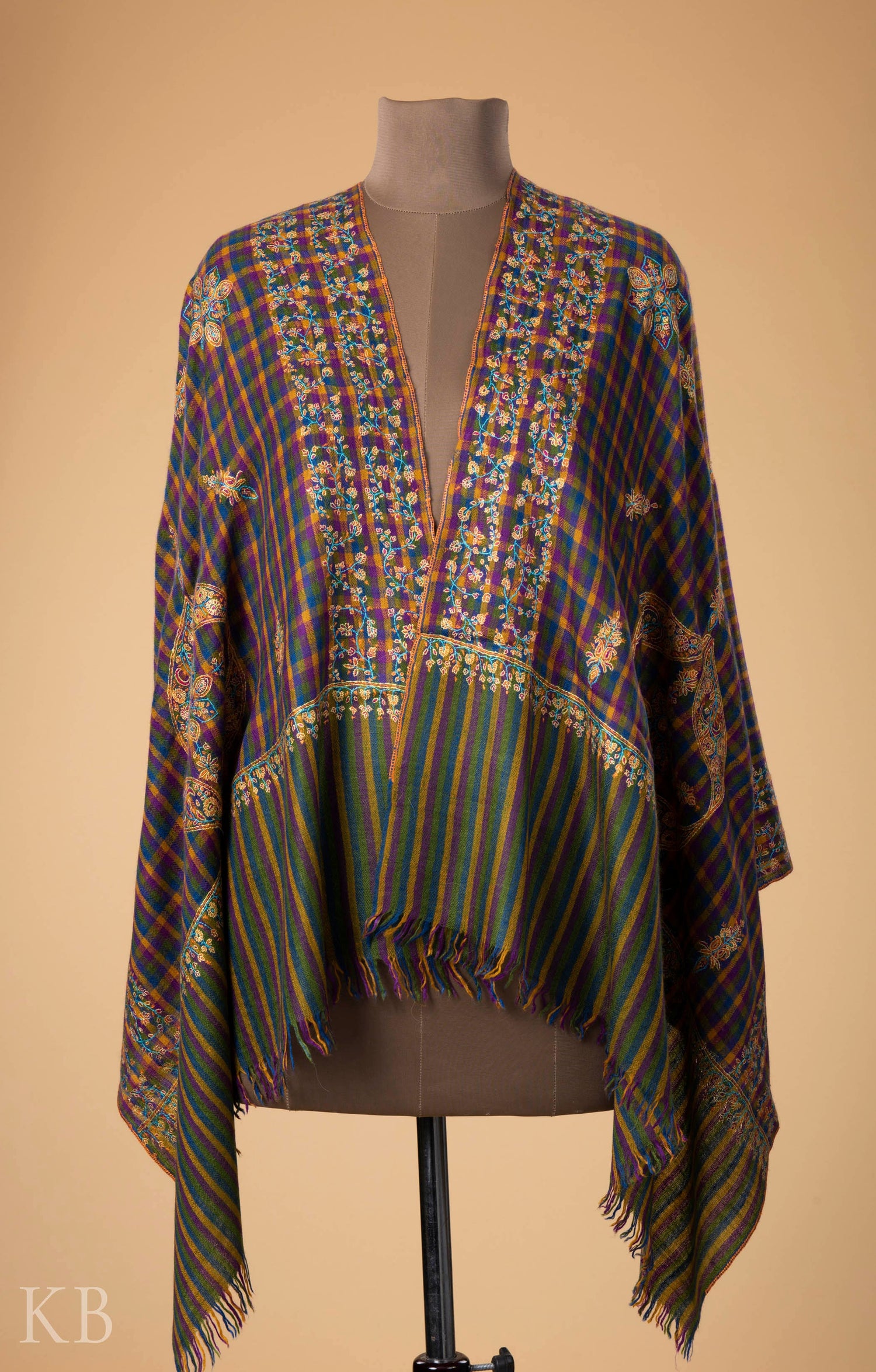 Mini Check Embroidered Multicolored Pashmina Stole - Kashmir Box