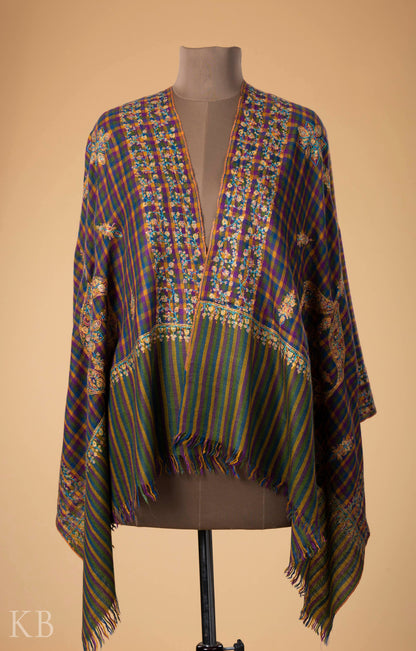 Mini Check Embroidered Multicolored Pashmina Stole - Kashmir Box