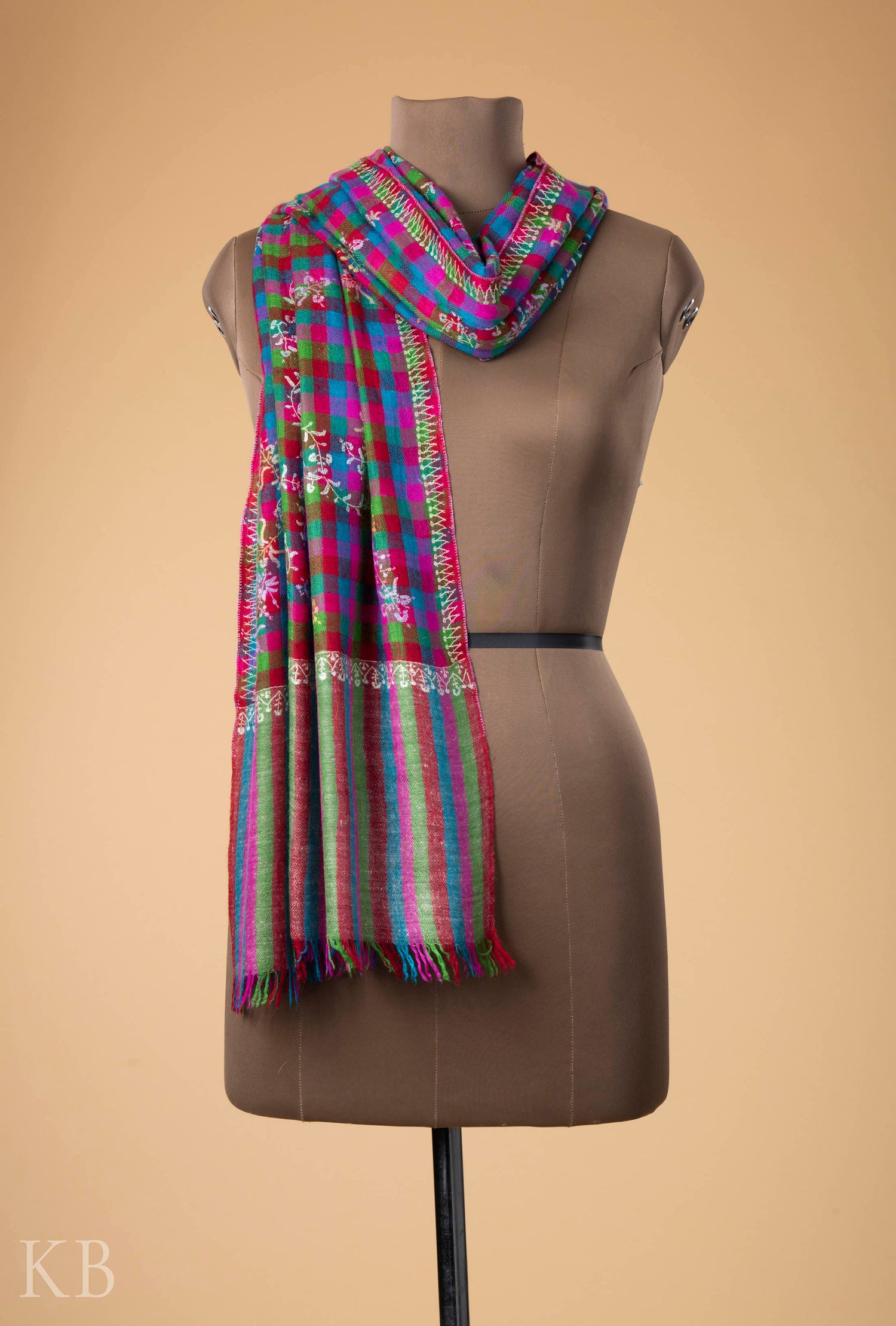 Sozni Kaari Mini Check Multicolored Pashmina Stole - Kashmir Box