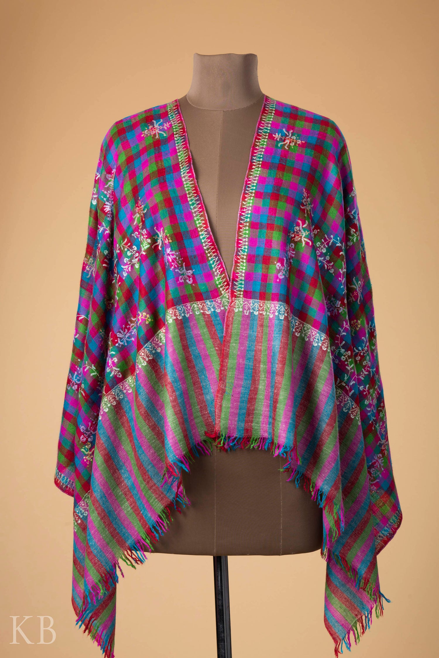 Sozni Kaari Mini Check Multicolored Pashmina Stole - Kashmir Box