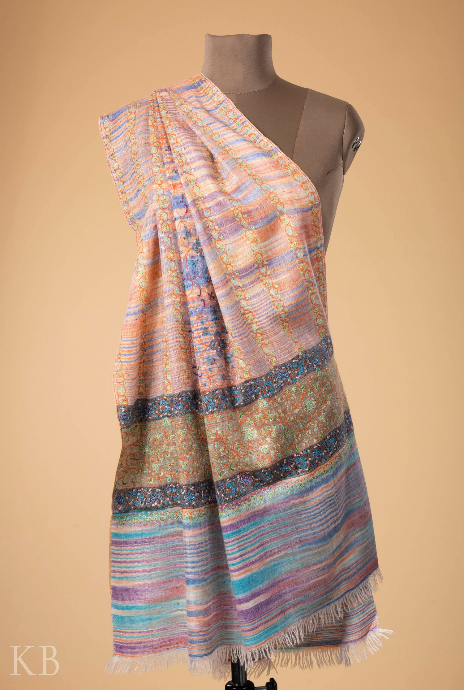 Multicolored Stripped Embroidered Pashmina Stole - Kashmir Box