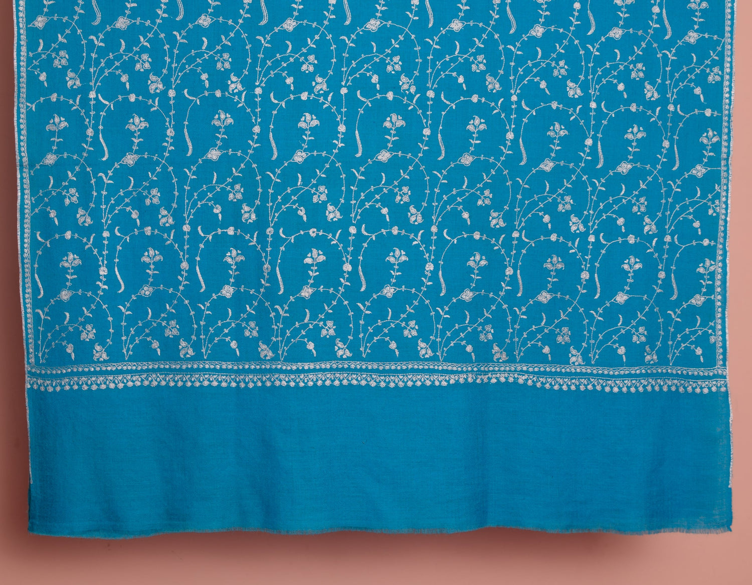 Bright Blue Handwoven Jaali Embroidered Cashmere Pashmina Shawl - Kashmir Box