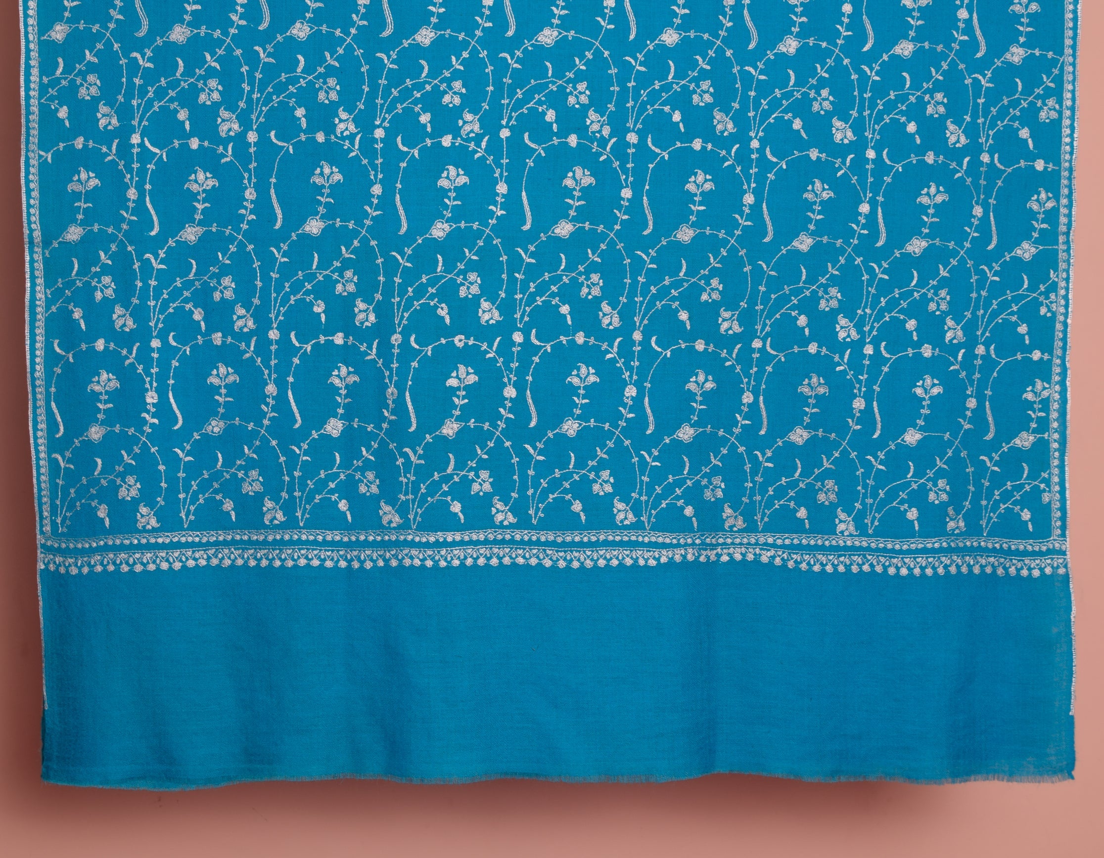 Bright Blue Handwoven Jaali Embroidered Cashmere Pashmina Shawl - Kashmir Box