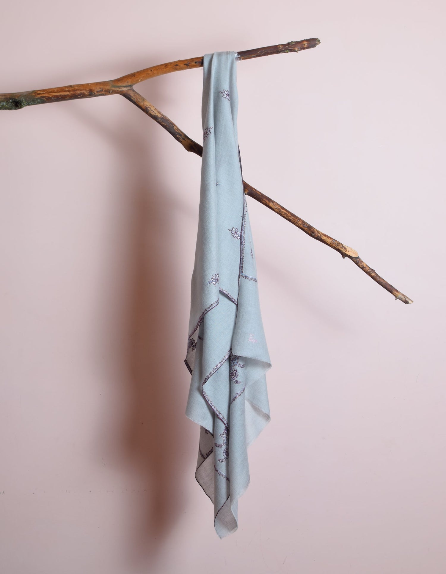 Greyish-Blue Handwoven Sozni Embroidered Cashmere Pashmina Stole