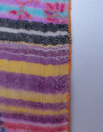 Modern Multicolour Stripes Handwoven Floral Sozni Embroidered Cashmere Pashmina Stole