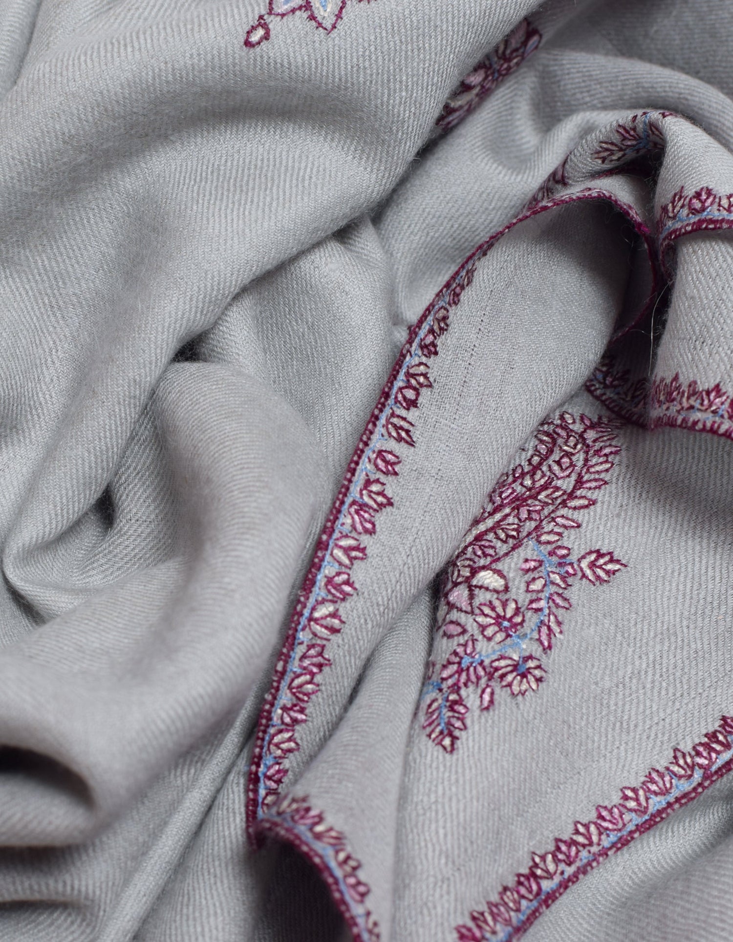 Greyish-Blue Handwoven Sozni Embroidered Cashmere Pashmina Stole